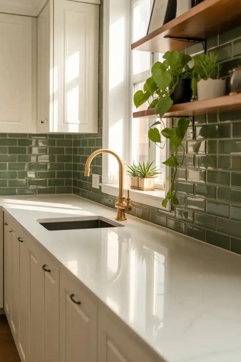 White Kitchen with Green Backsplash Freshness 2