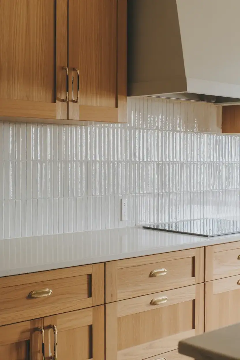 White Oak Cabinets With Backsplash Ideas in Vertical Stacked Tile 1