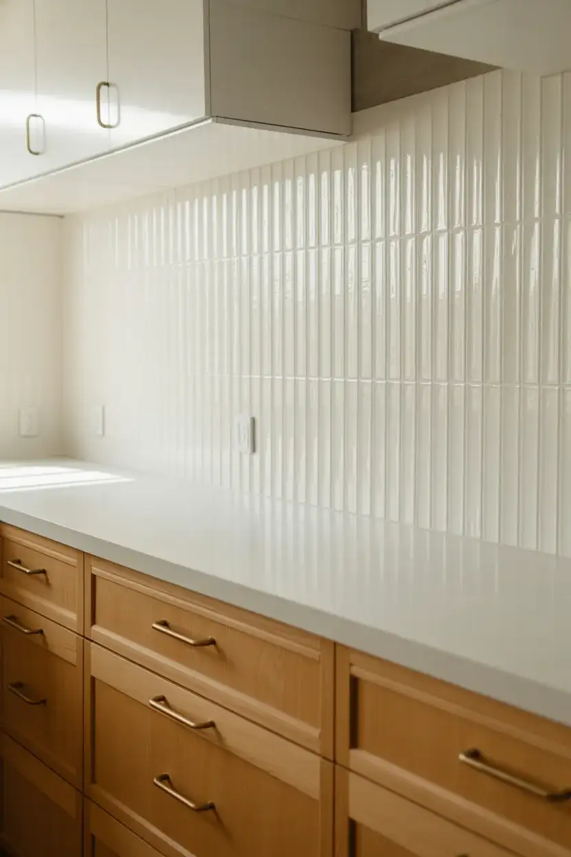 White Oak Cabinets With Backsplash Ideas in Vertical Stacked Tile 2