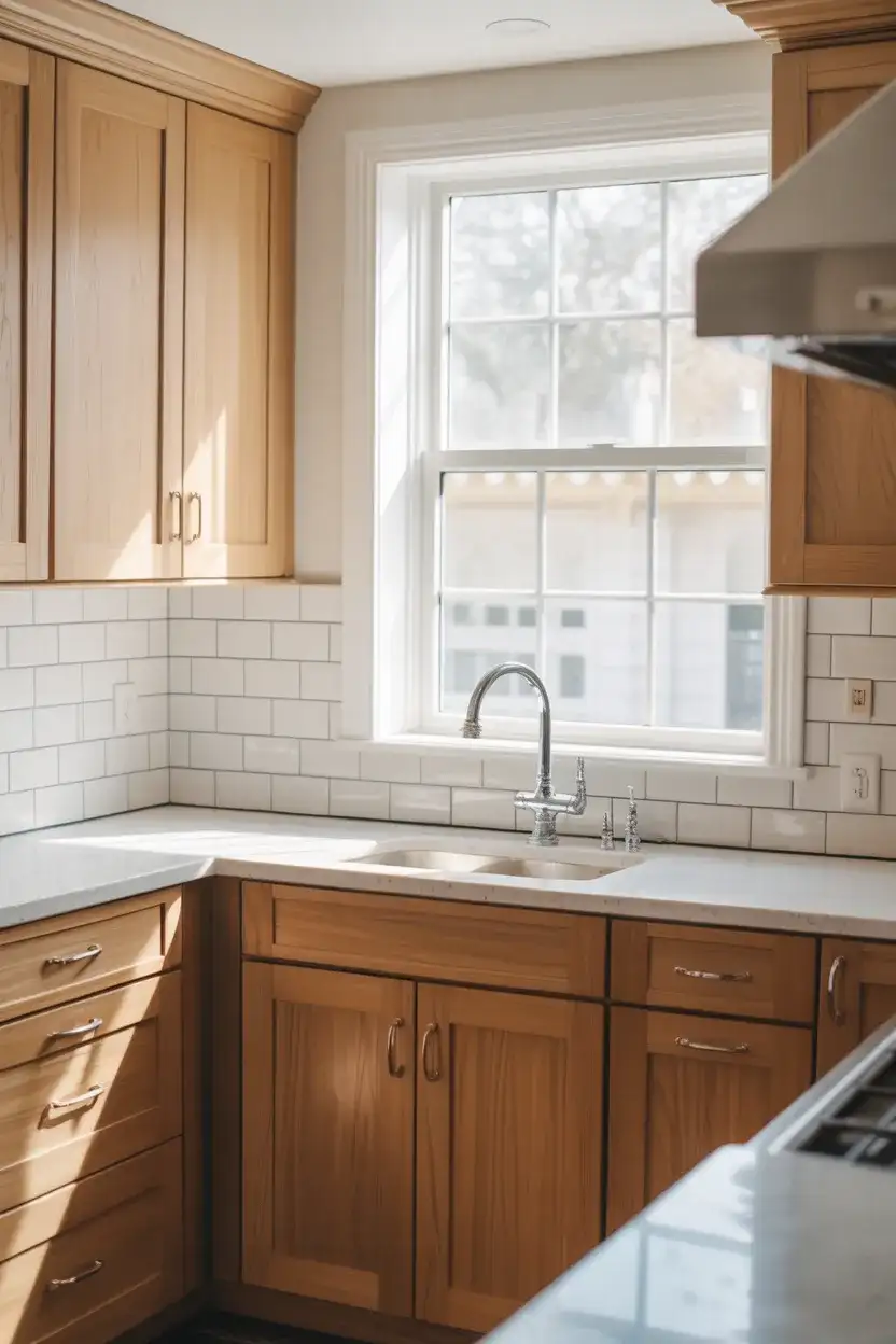 White Oak Cabinets With Silver Hardware and Light Tones 1