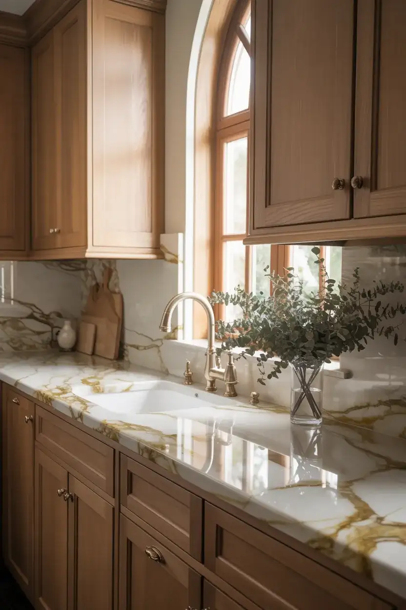 White Oak Cabinets With Taj Mahal Quartzite 1