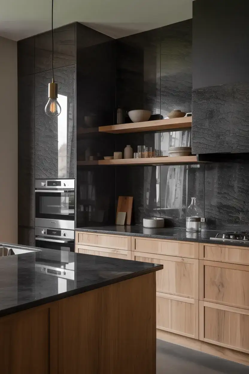 White Oak With Black Counter and Backsplash 1
