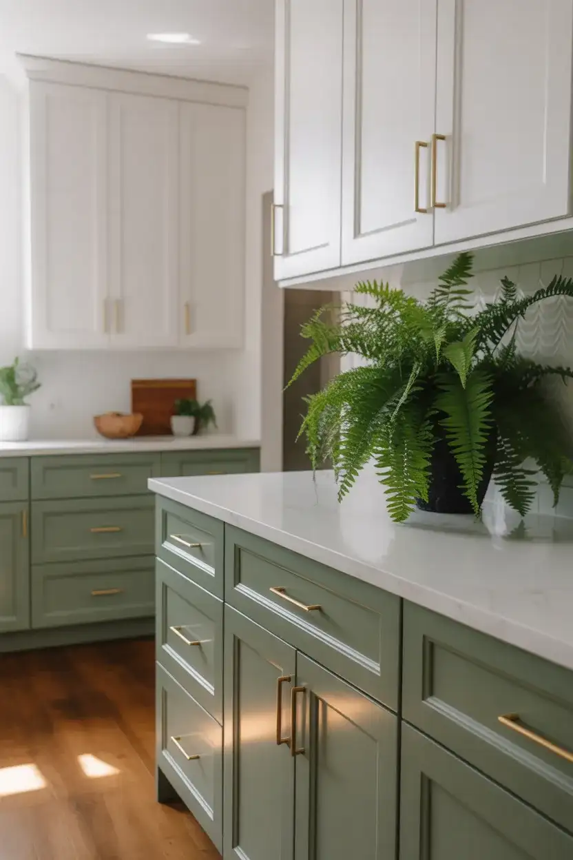 White and Green Kitchen with Organic Warmth 1