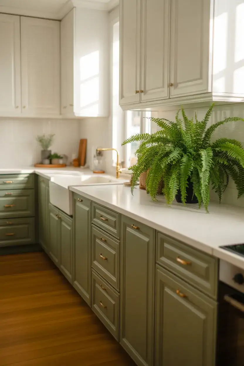 White and Green Kitchen with Organic Warmth 2