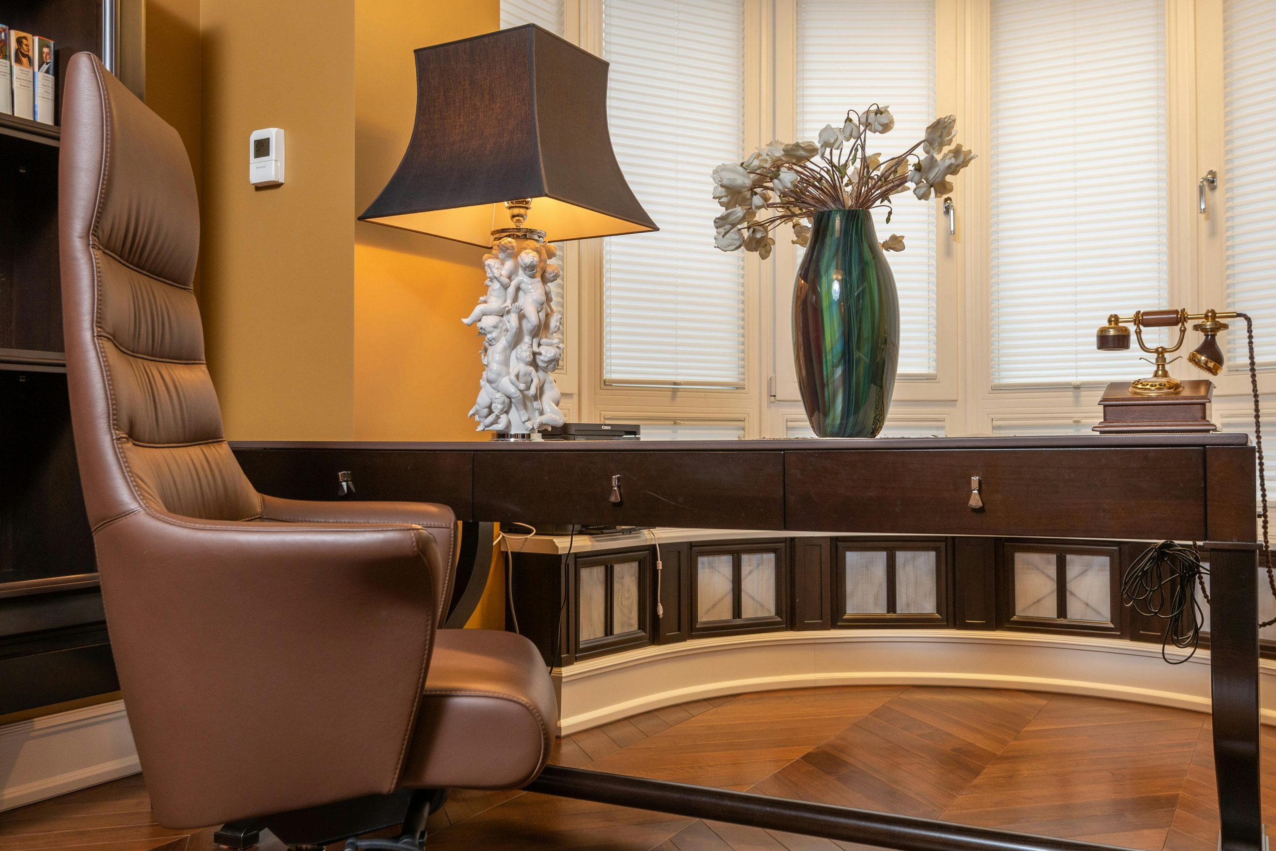 A luxury home office with elegant furnishings and sophisticated decor.