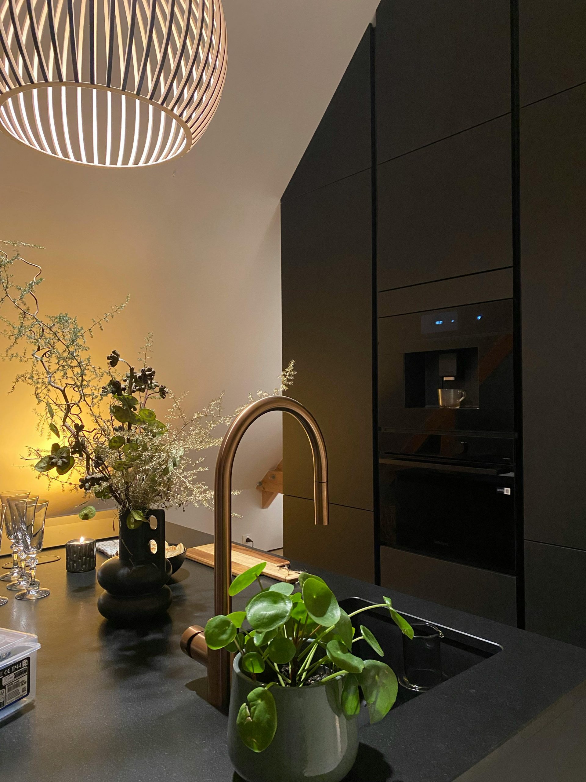 Elegant kitchen with modern design, soft lighting, and lush plants.