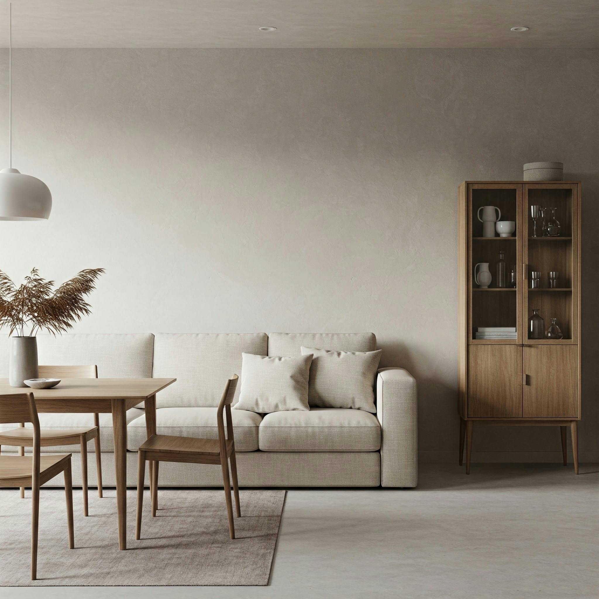 Elegant minimalist Scandinavian living room featuring modern furniture and neutral tones.