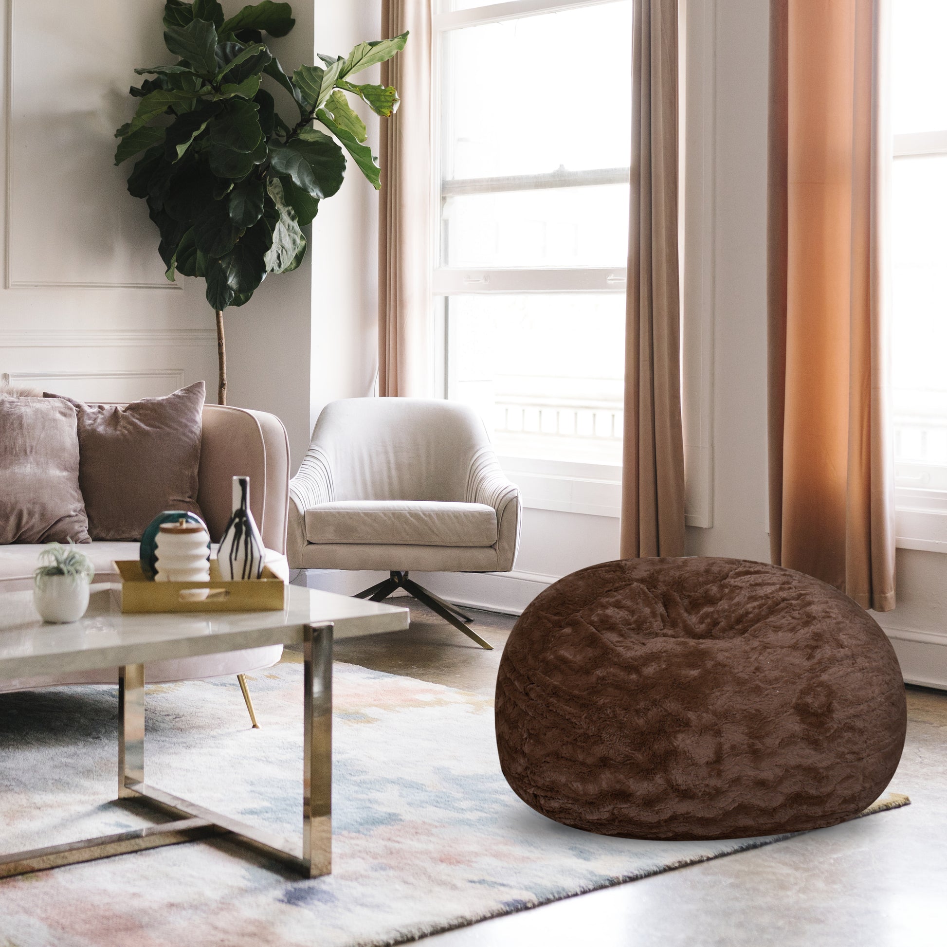 Faux Fur Bean Bag Chair, Brown 3Ft Cozy And Stretchable Fabric Lounger For Children And Adults With Easy Clean Cover, Comfortable Faux Fur Seating For ...