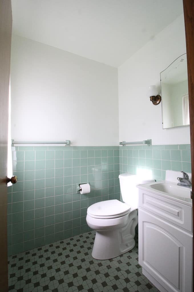 Modern Bathroom with Subway Tile Reveal - Bright Green Door