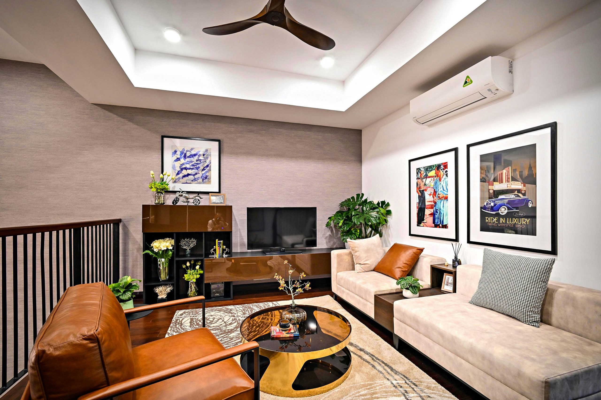 Stylish living room featuring modern furniture and artistic decor, perfect for relaxation.