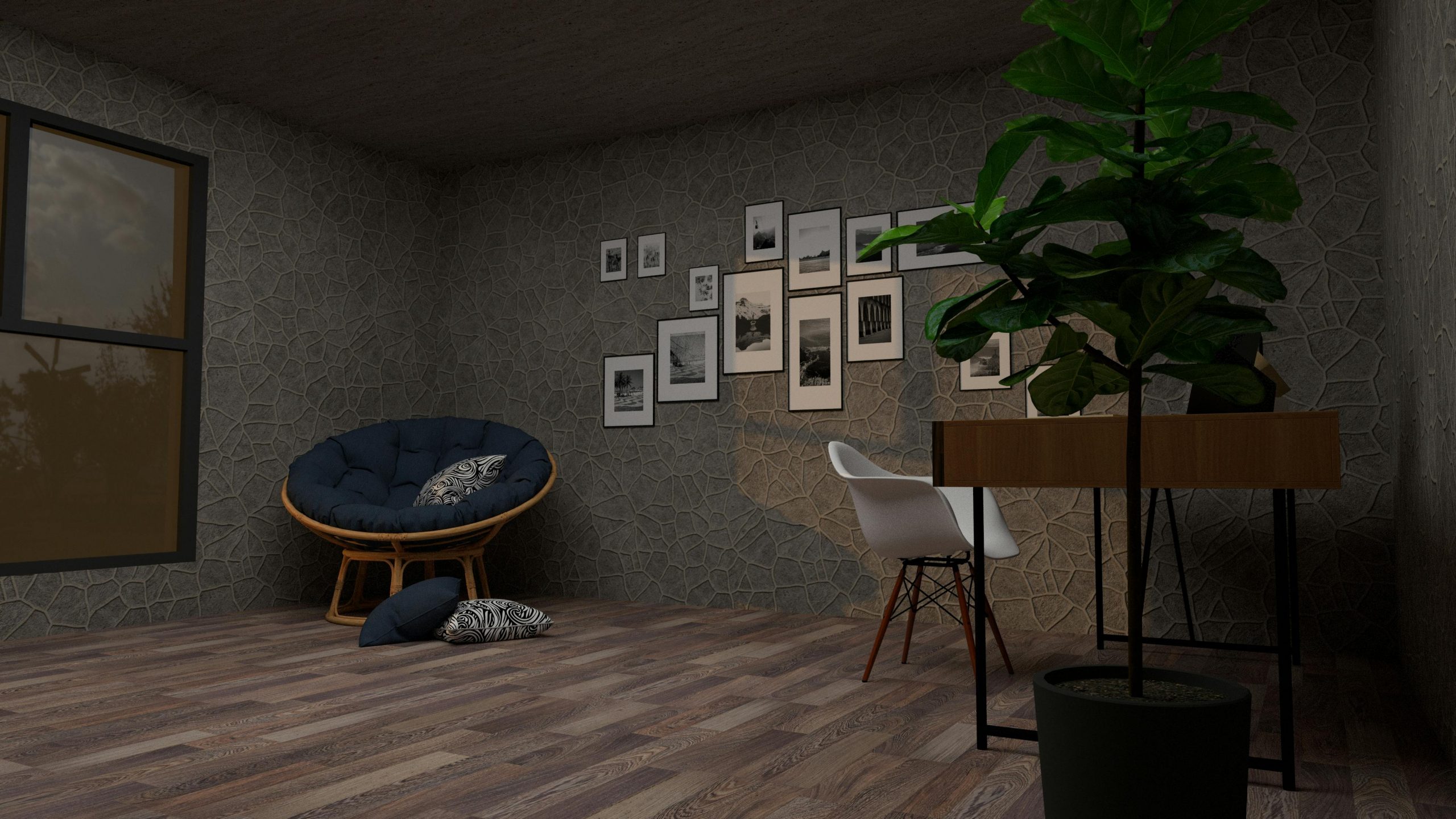 Stylish living room with minimalist decor, featuring a cozy chair, art gallery wall, and potted plant.