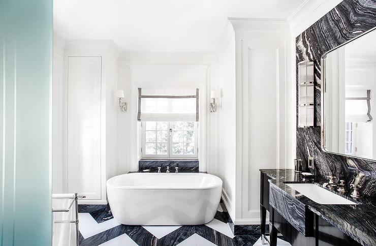 White and Black Marble Chevron Floor Tiles - Contemporary - Bathroom