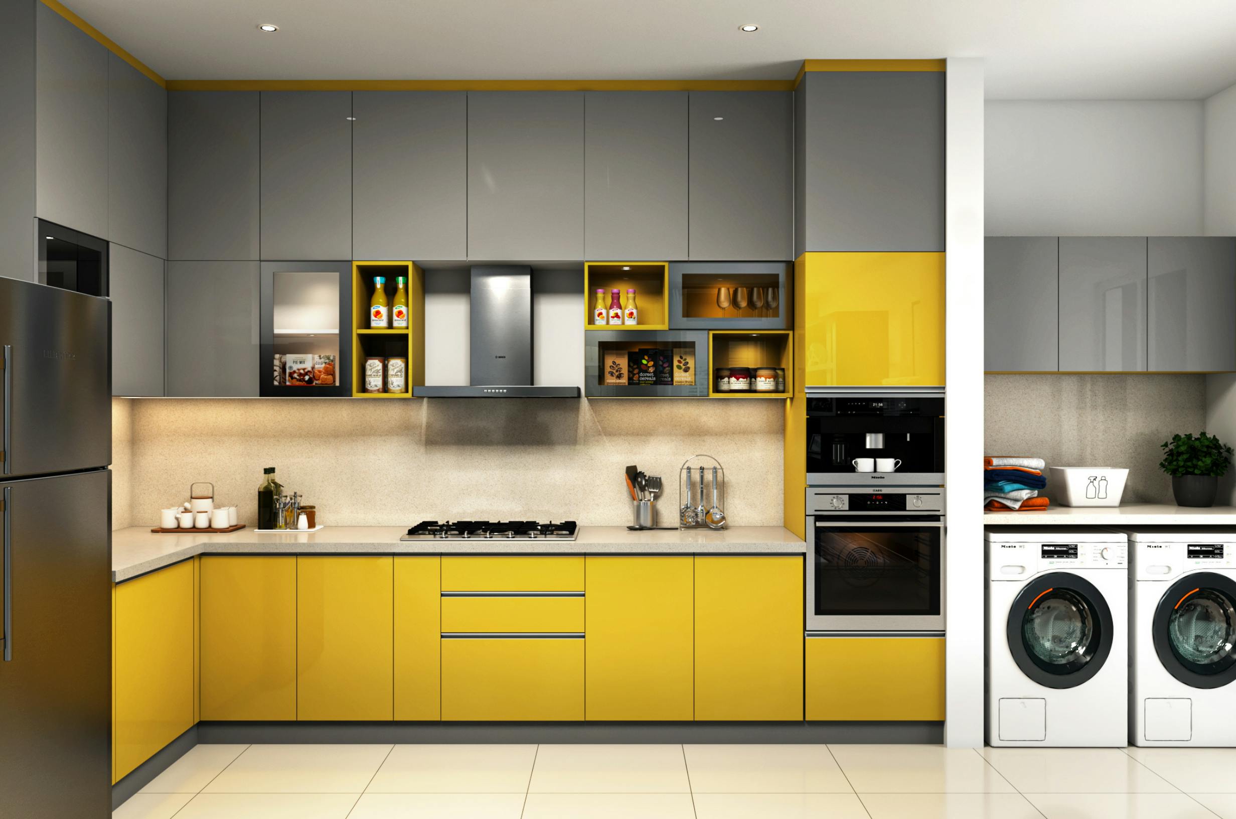A contemporary Indian kitchen featuring bright yellow cabinets and modern appliances.