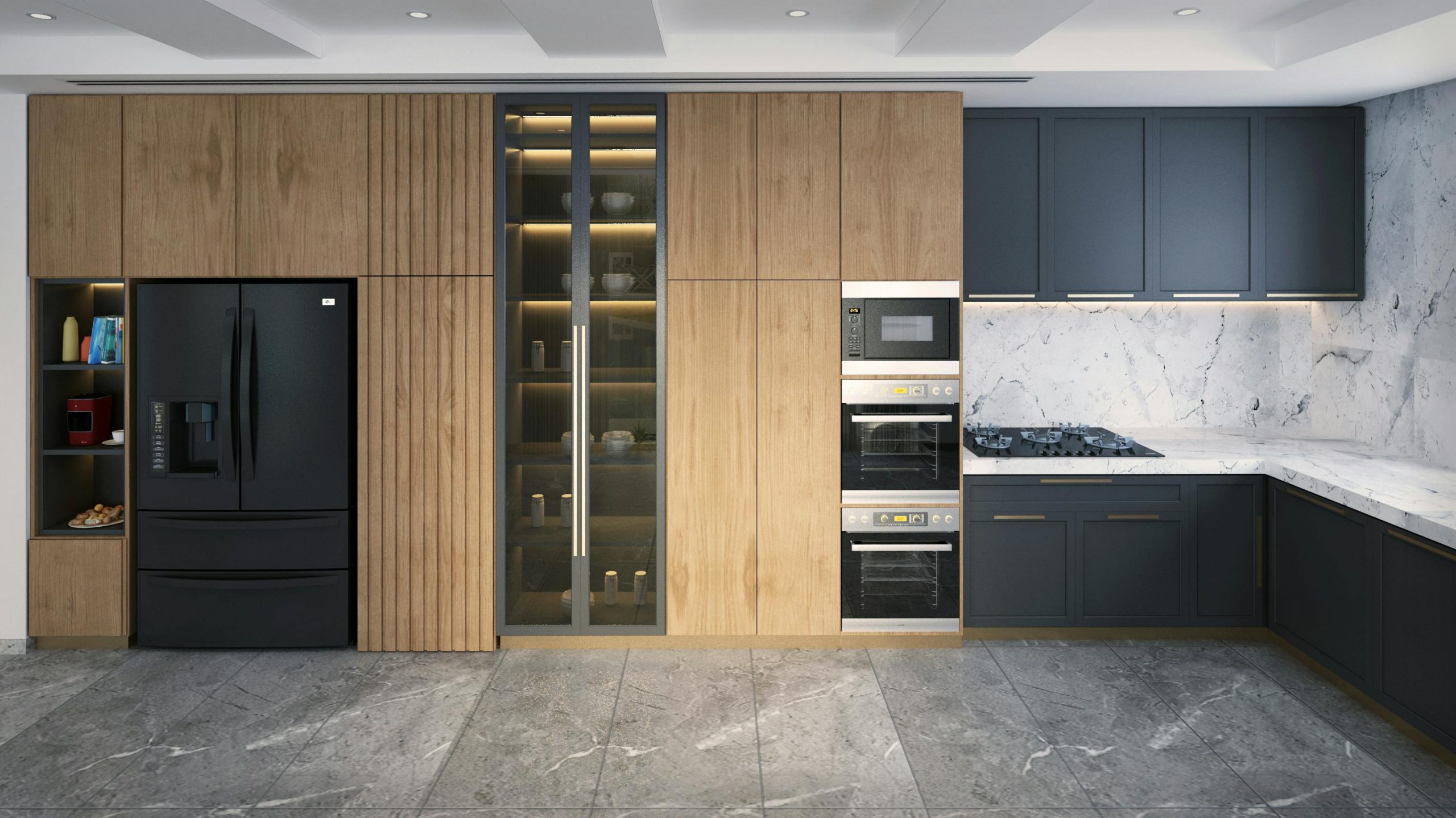 A contemporary kitchen interior featuring wood cabinets and modern appliances with a marble backsplash.