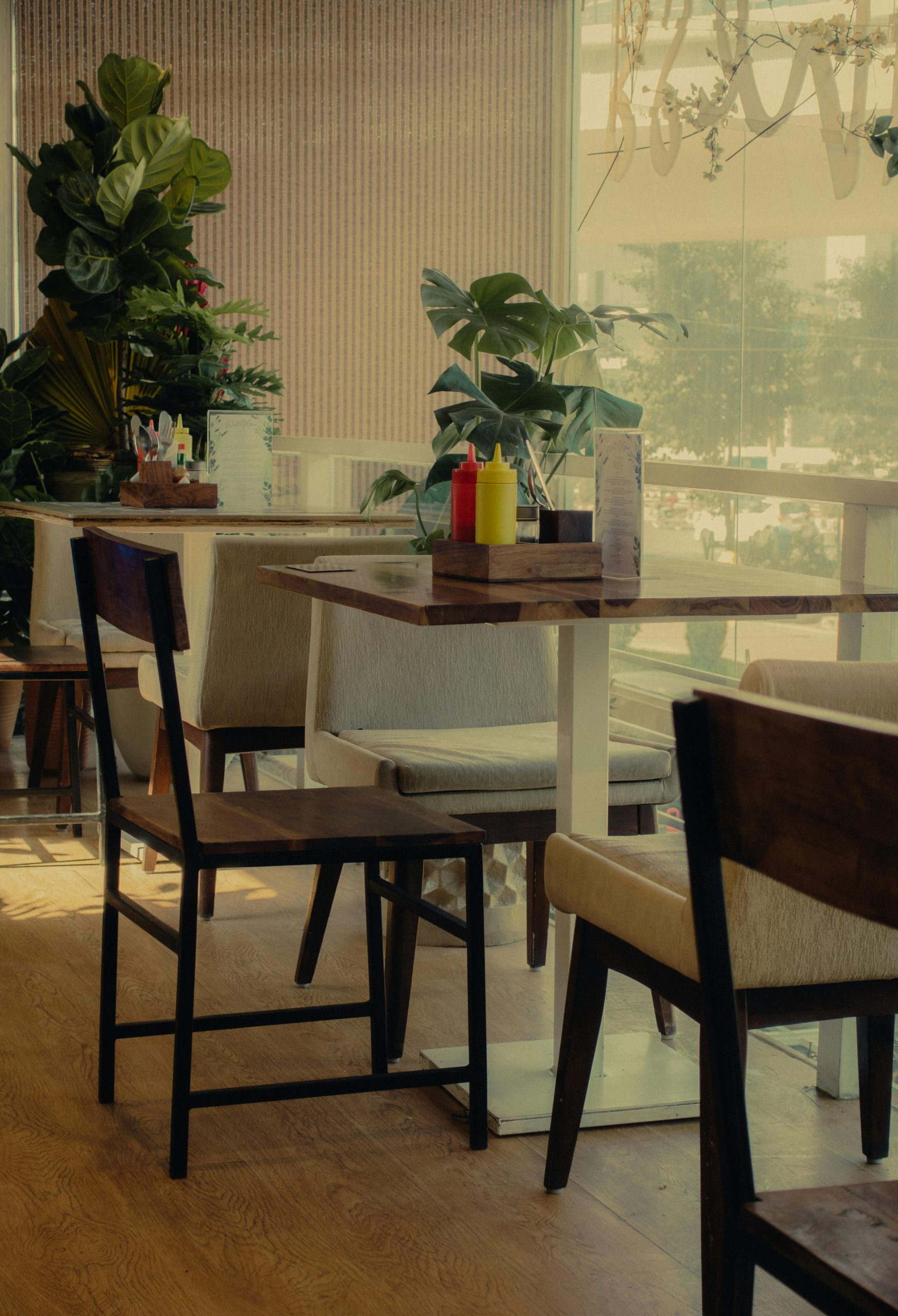 A cozy indoor restaurant featuring modern chairs and tables with lush green plants around.
