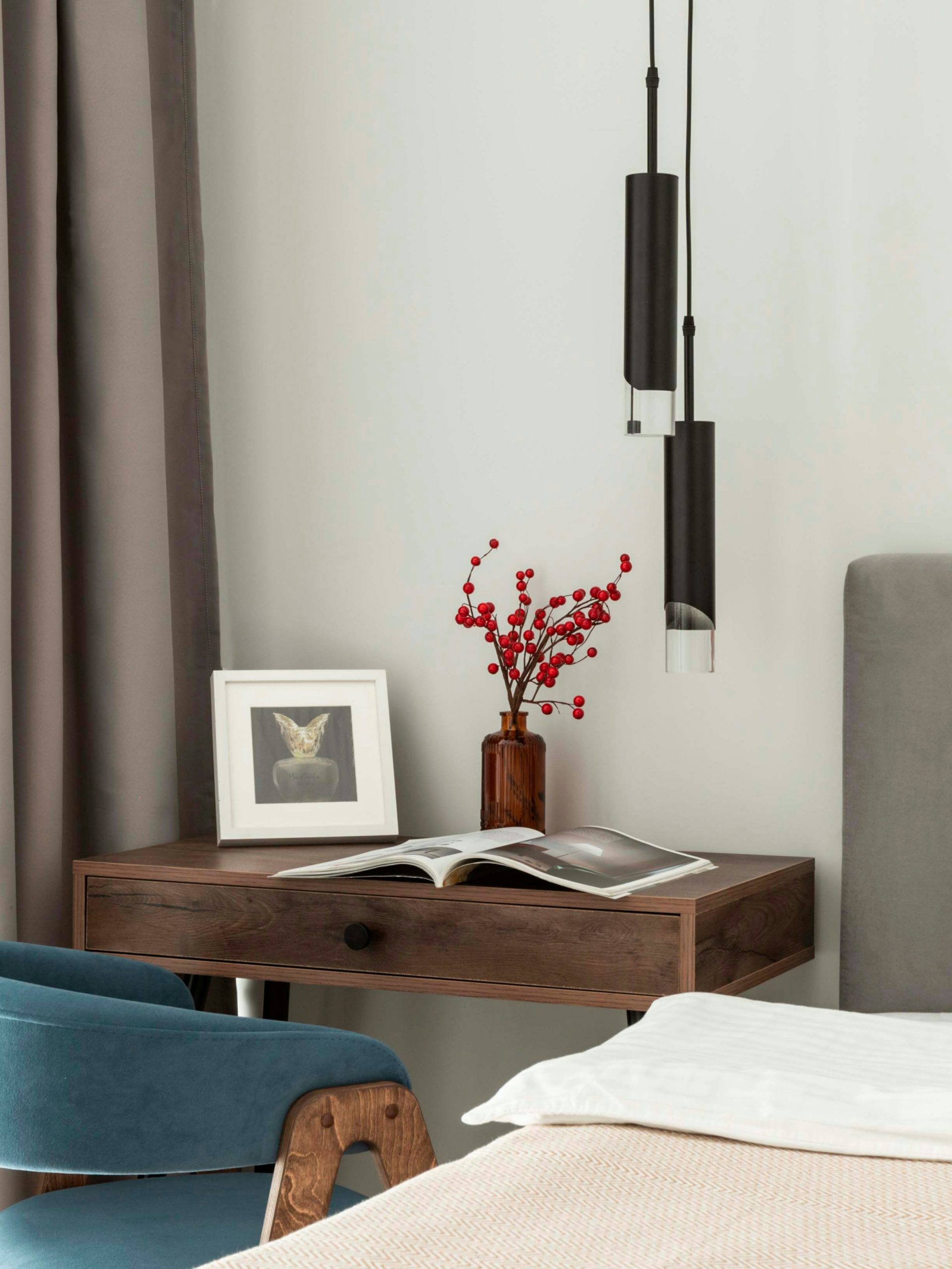 A cozy workspace in the bedroom. Photoshoot for homestager