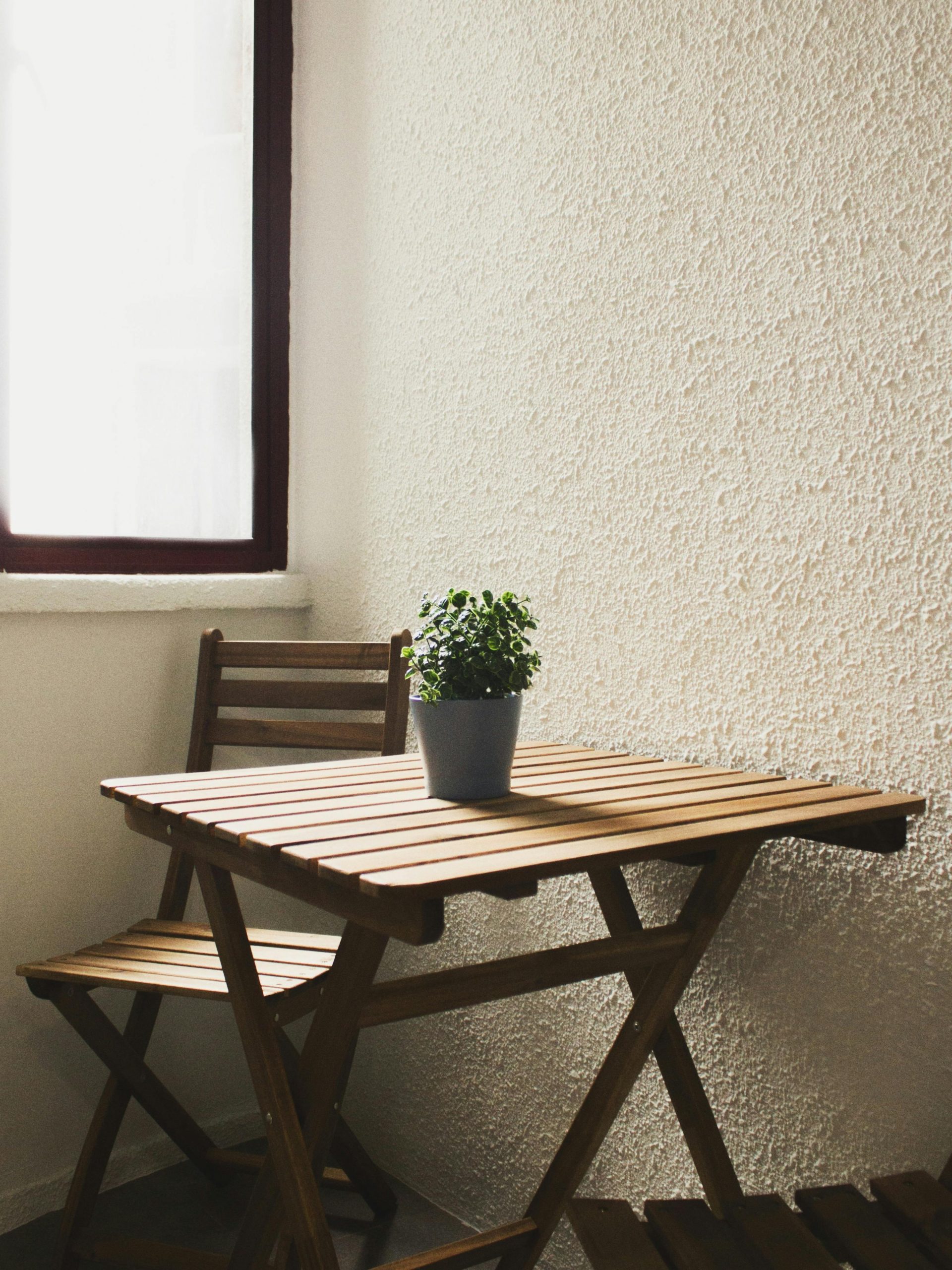 A serene indoor setting with a wooden chair and table, accented by a potted plant.
