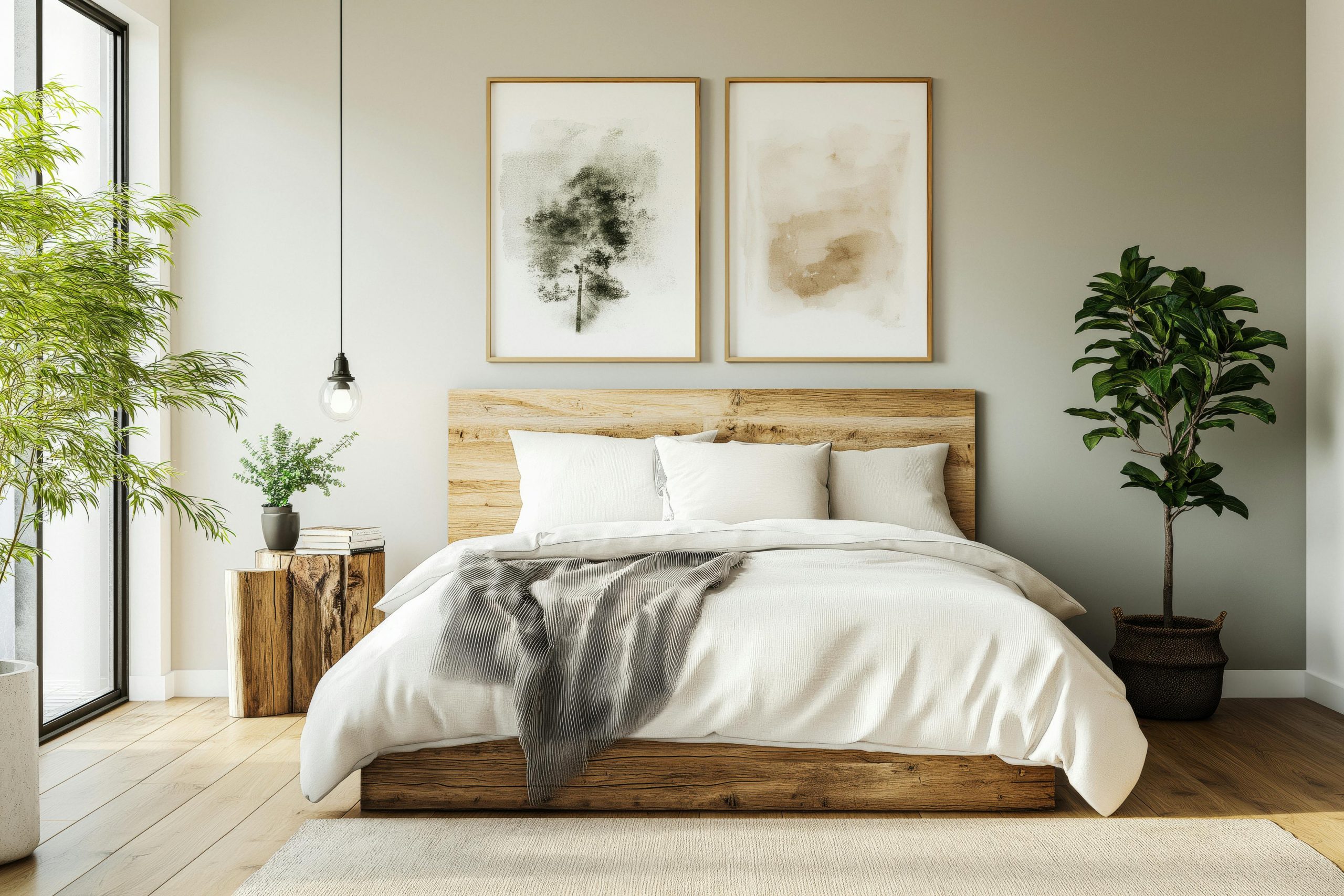 A serene modern bedroom featuring natural wood and green plants, illuminated by soft daylight.