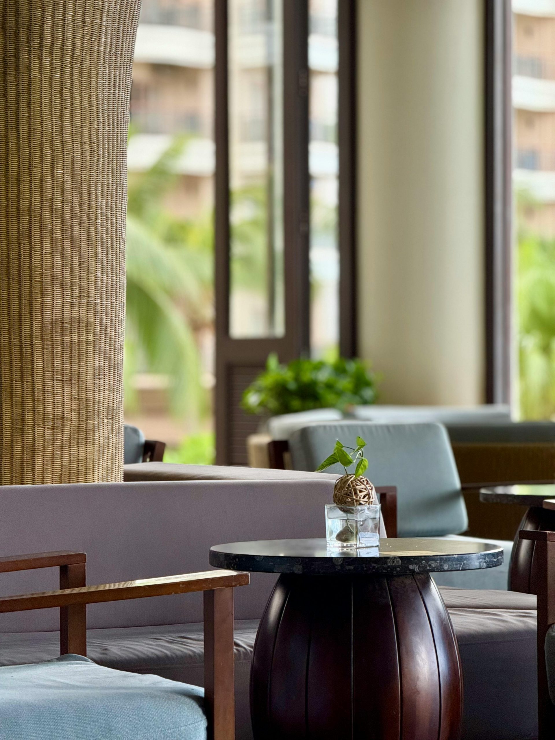 A stylish indoor lounge with modern furniture and tropical outdoor view.