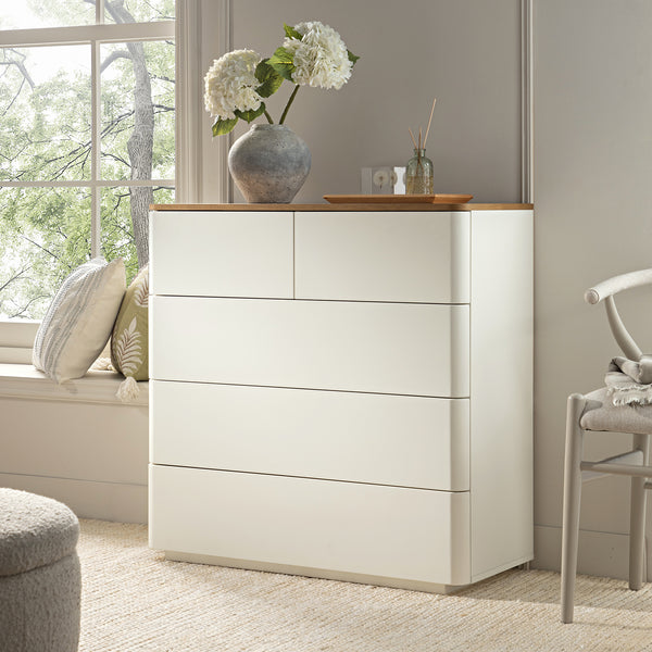 Agnes Curved Edge 5 Drawer Dresser, Off White with Oak Top | daals.com