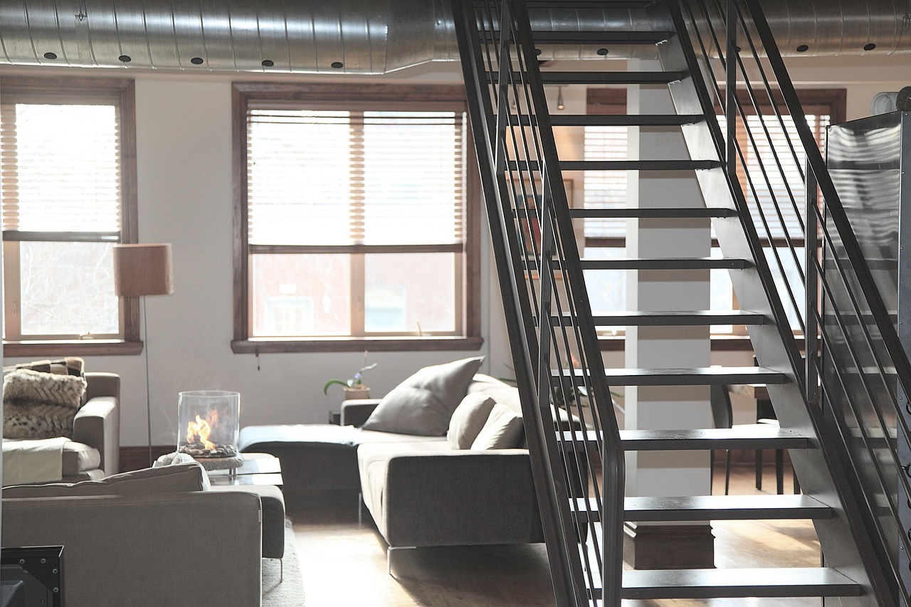 apartment, accommodation, flat, loft, domicile, habitation, stairs, modern, interior, design, home, room, furniture, contemporary, gray home, gray room, gray design, gray interior, apartment, apartmen