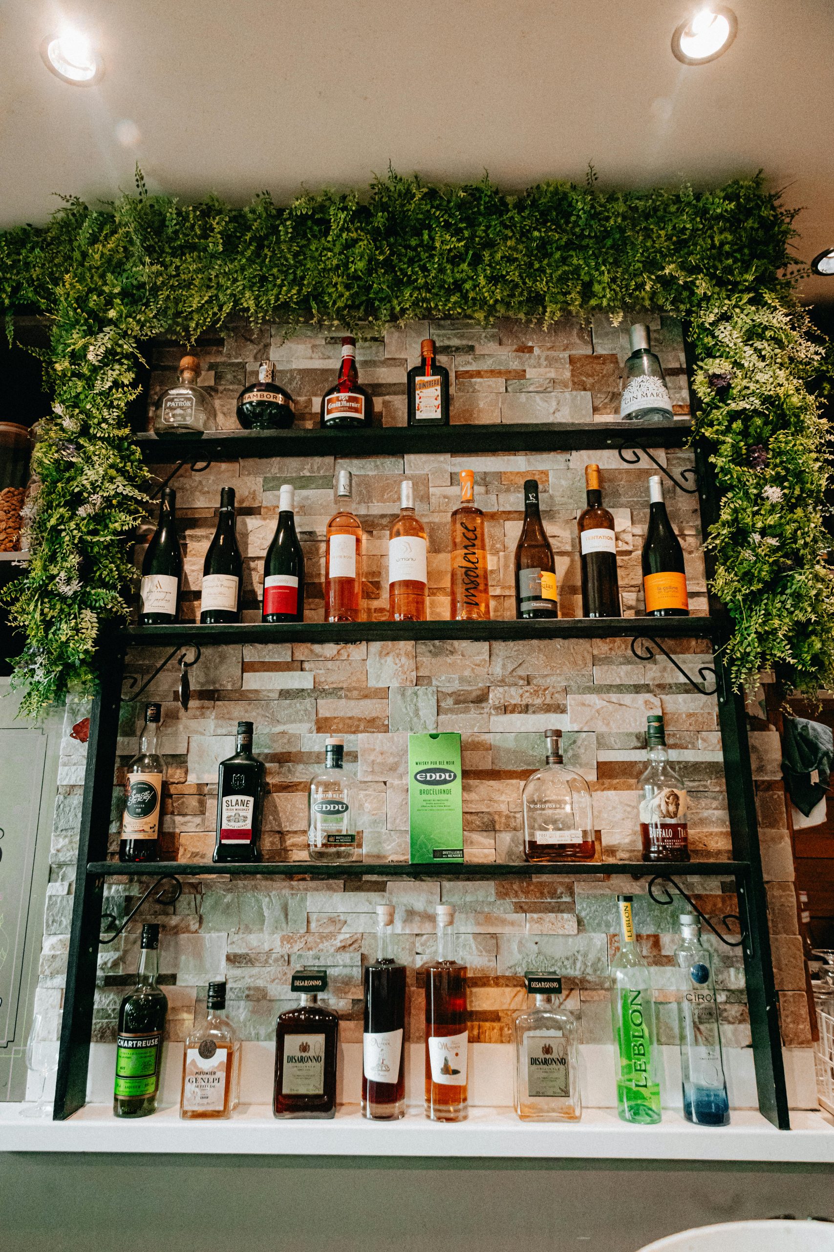 Bar shelf with diverse liquor bottles and greenery backdrop, perfect for a modern lifestyle theme.