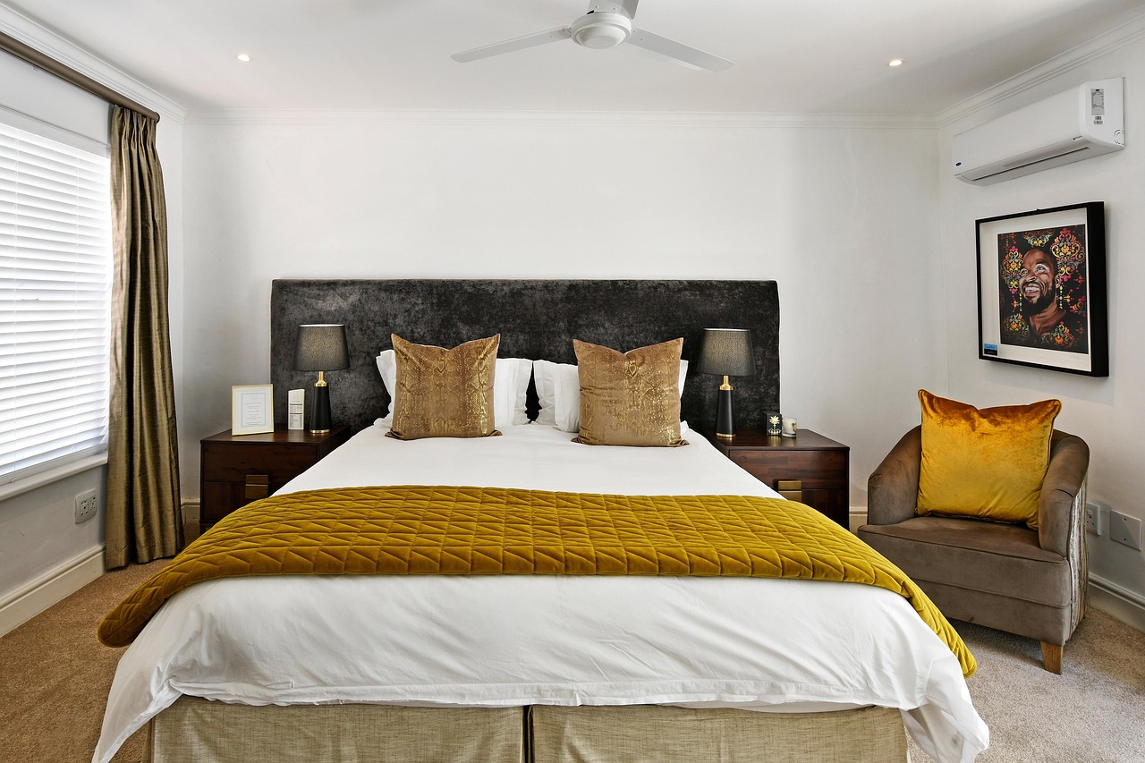 bedroom, sleep, bed, hotel room, furniture, beddings, windows, window panel, window pane, chair, side tables, lamps, bedroom interiors, bedroom furniture, pillows, blankets, comforter, room, aircondit