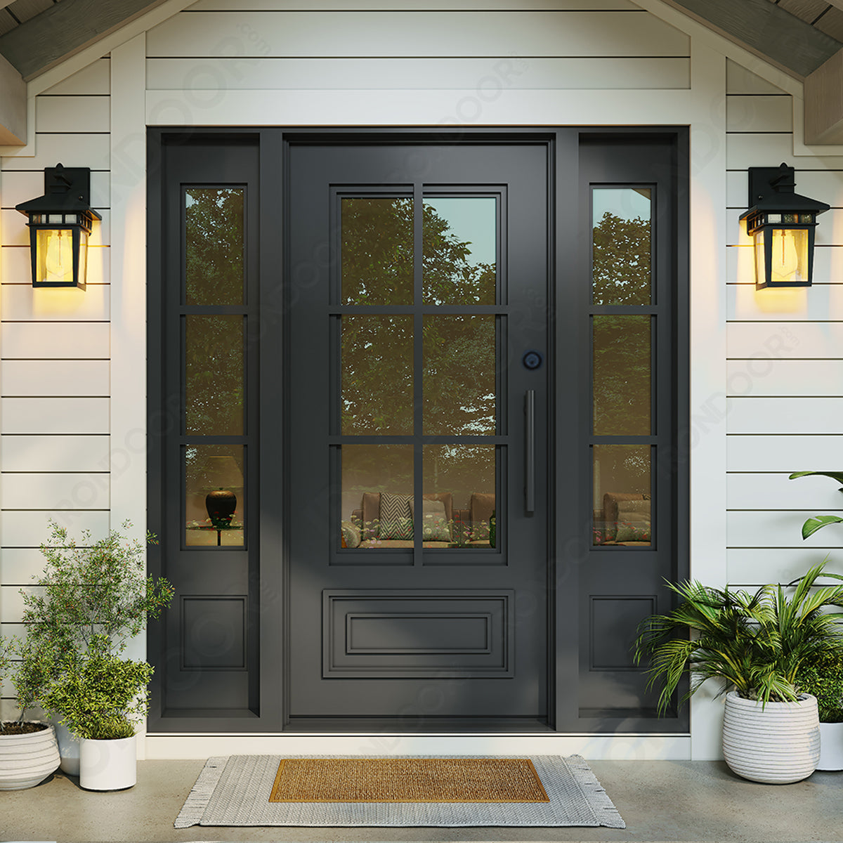 Biltmore 23 Black Single Iron Front Door with Sidelights 72' x 96' (42' Door w/ 15' Sidelights) / LH Active Inswing / No