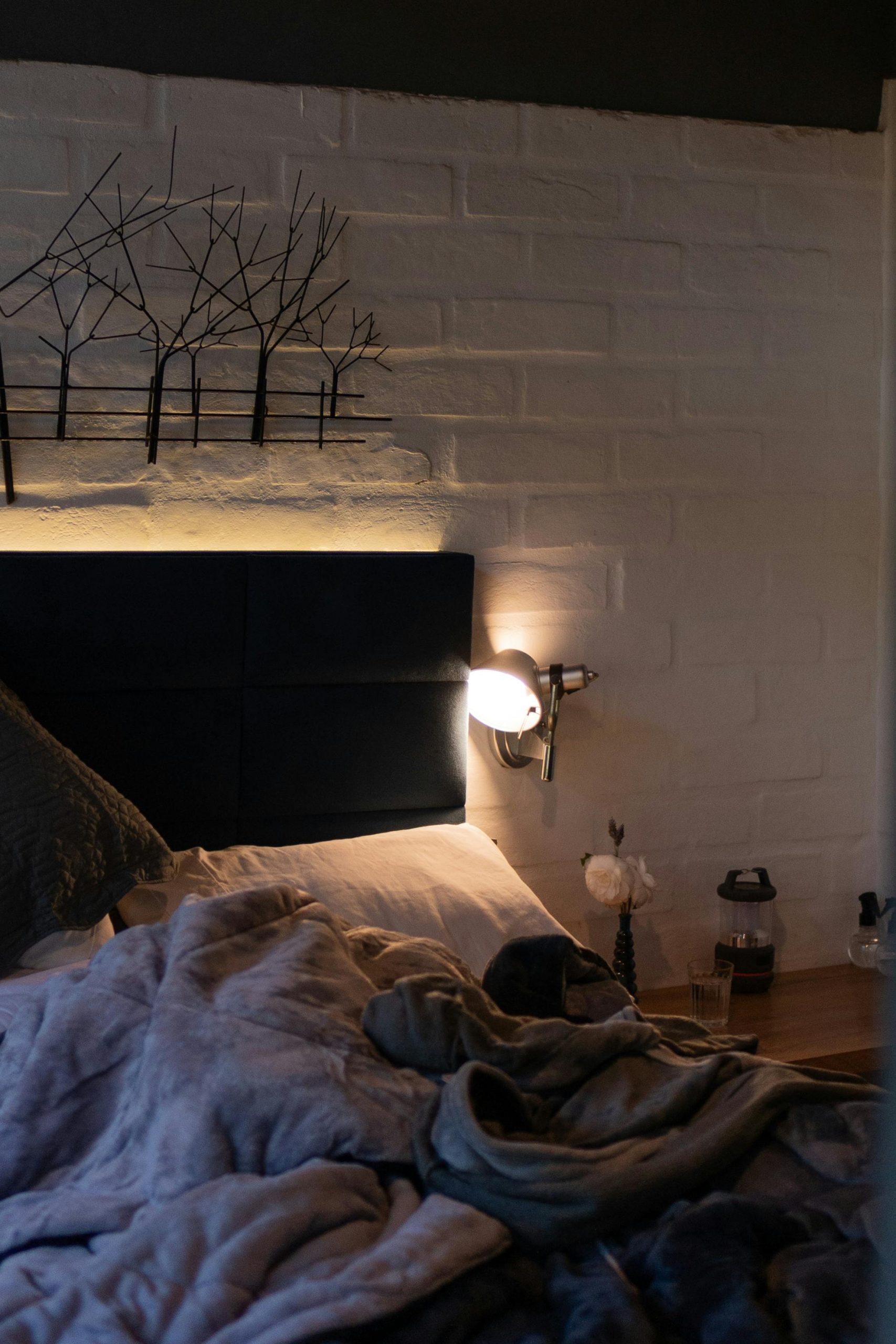 Elegant bedroom interior featuring soft lighting, stylish decor, and plush bedding for a perfect relaxing ambiance.