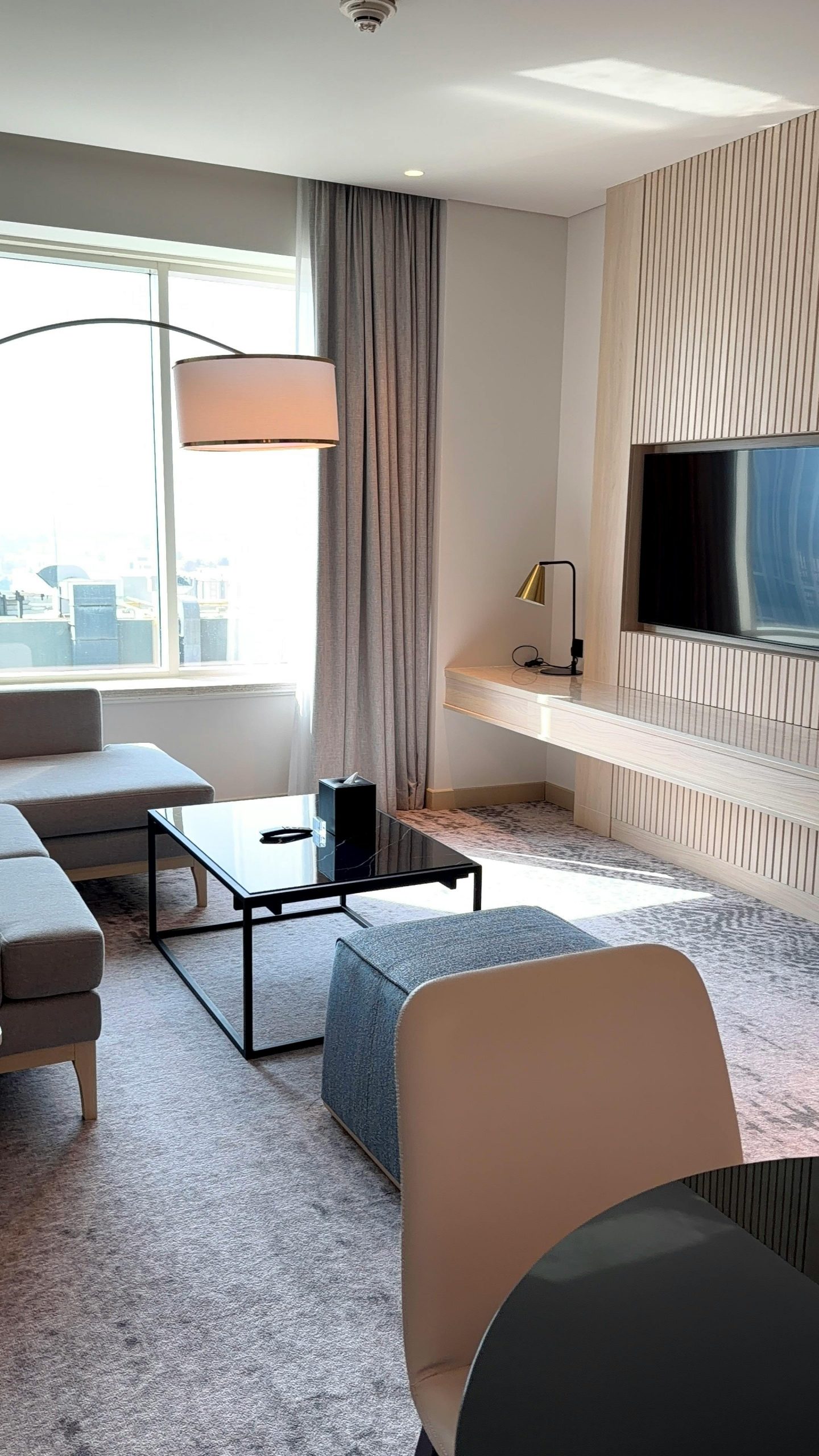 Elegant modern living room with minimalist furniture, natural light, and sleek decor for urban styling.
