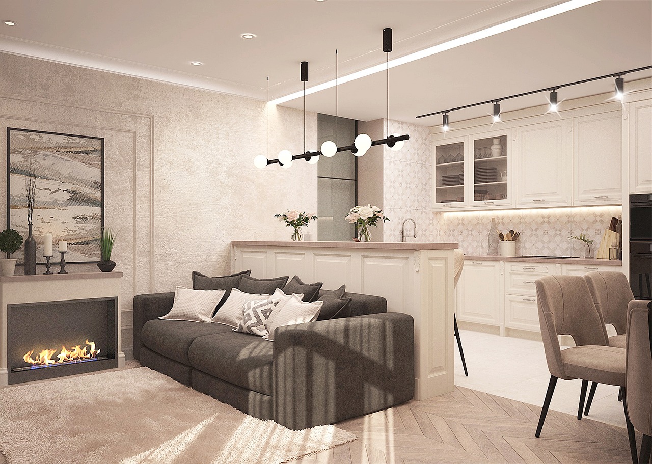 living room, sofa, apartment, apartments, studio housing, rent, kitchen, kitchen-living room, fireplace, bright colors, repair, interior design, finishing materials, living room, living room, living r