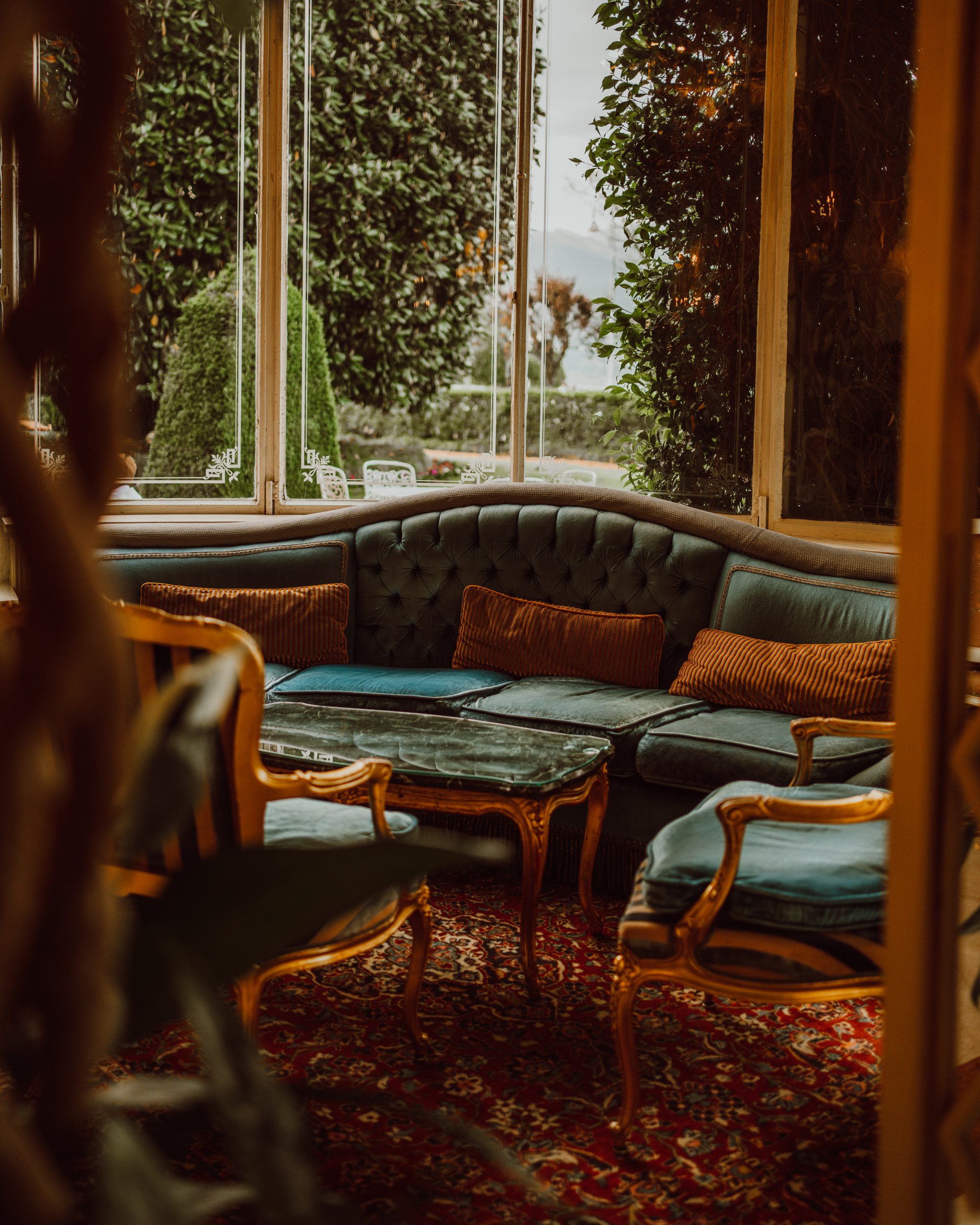 Luxurious hotel lounge with classic interior design, Stresa, Italy.