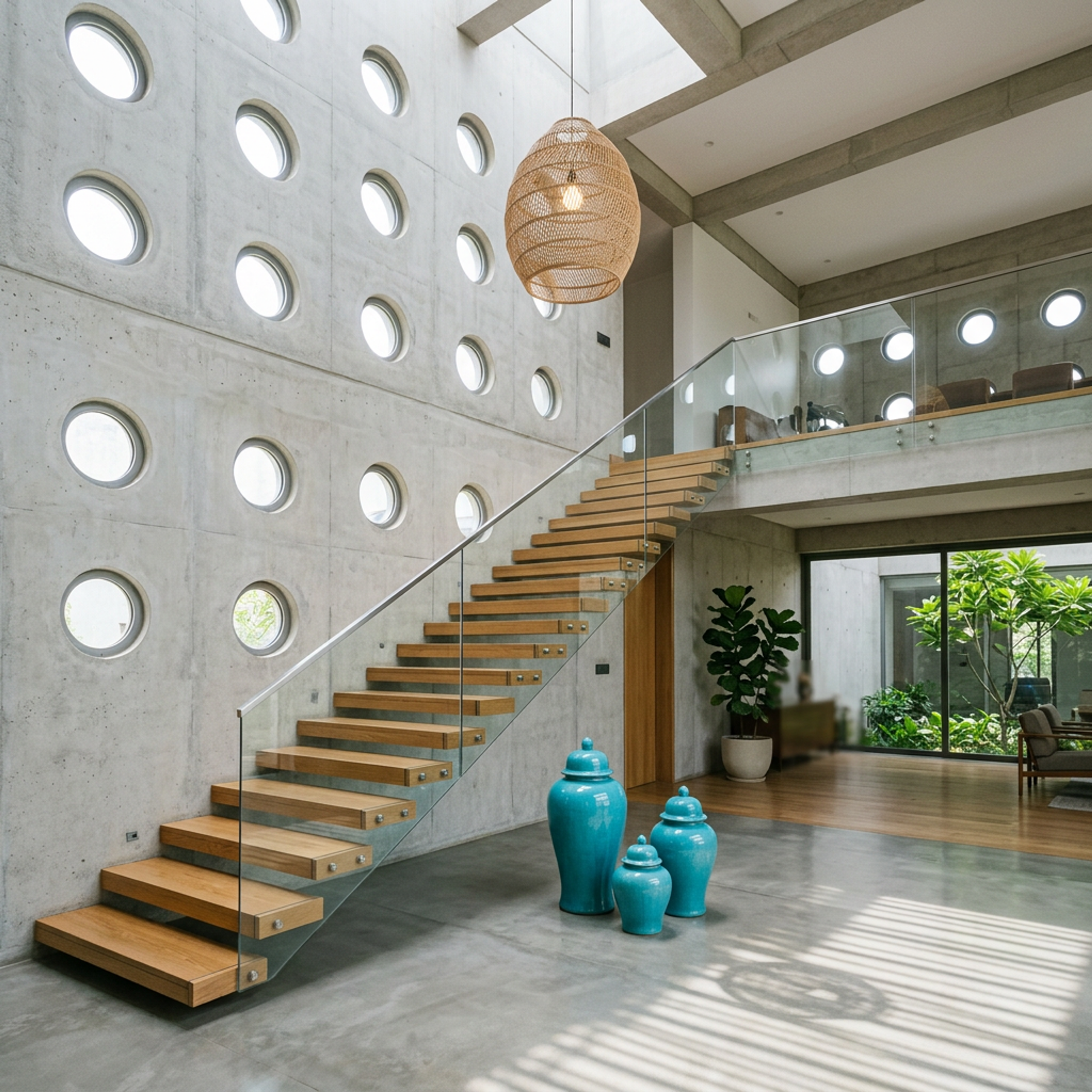 Modern L-Shaped Staircase Design with Wood and Glass Railings | Livspace