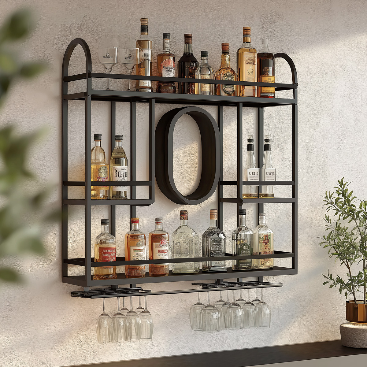 Modern Metal Frame Home Bar Design with Open Bottle Shelving and Hanging Wine Racks | Livspace