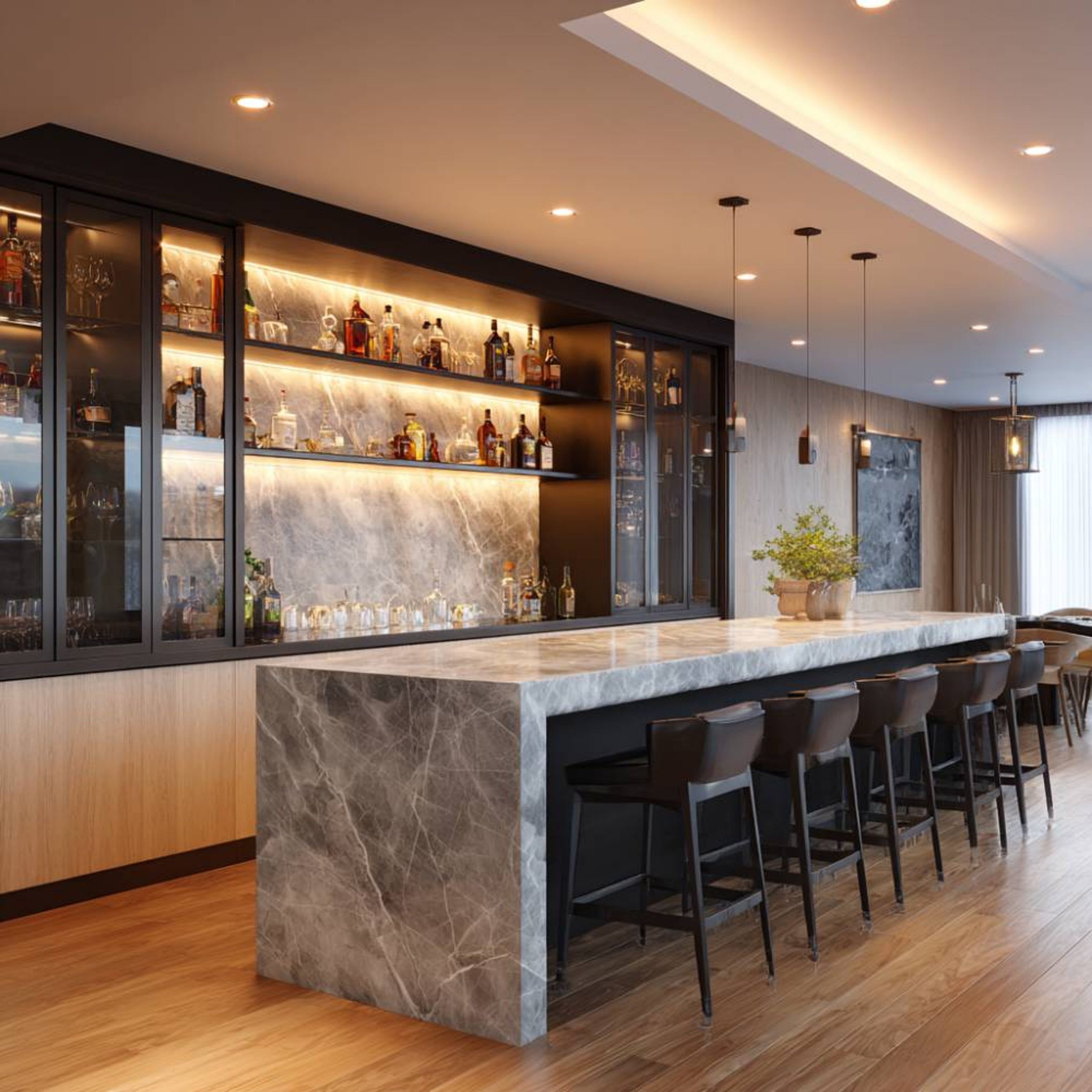Oak Walnut Modern Home Bar Design with Marble Backdrop and Matte Finish | Livspace