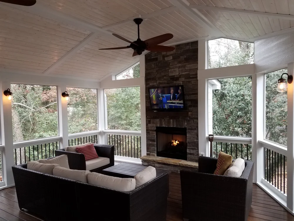 Screened Porch with Fireplace and Wall Sconces