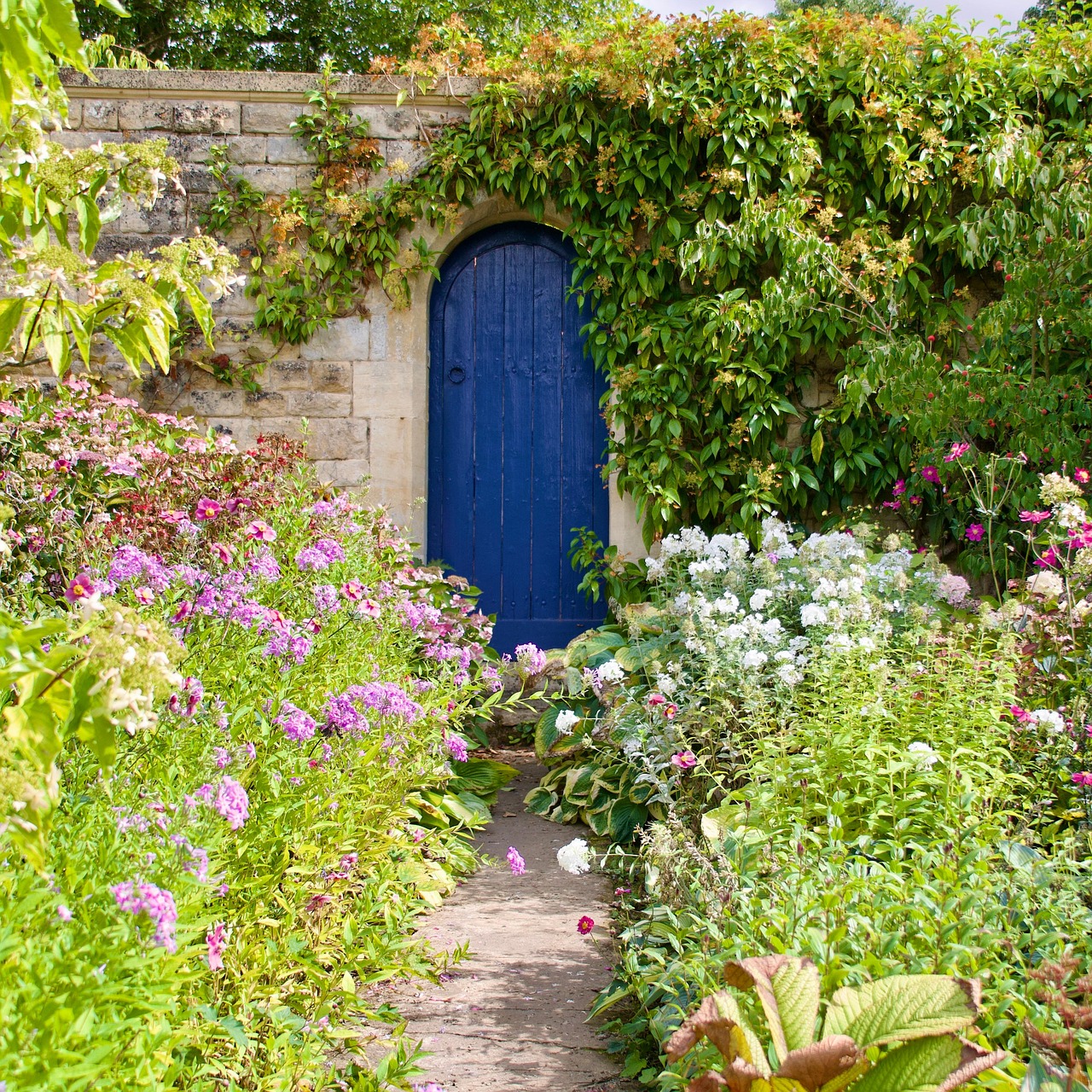 secret garden, flowers, door, doorway, flower wallpaper, garden path, beautiful flowers, flower background, nature, path, garden