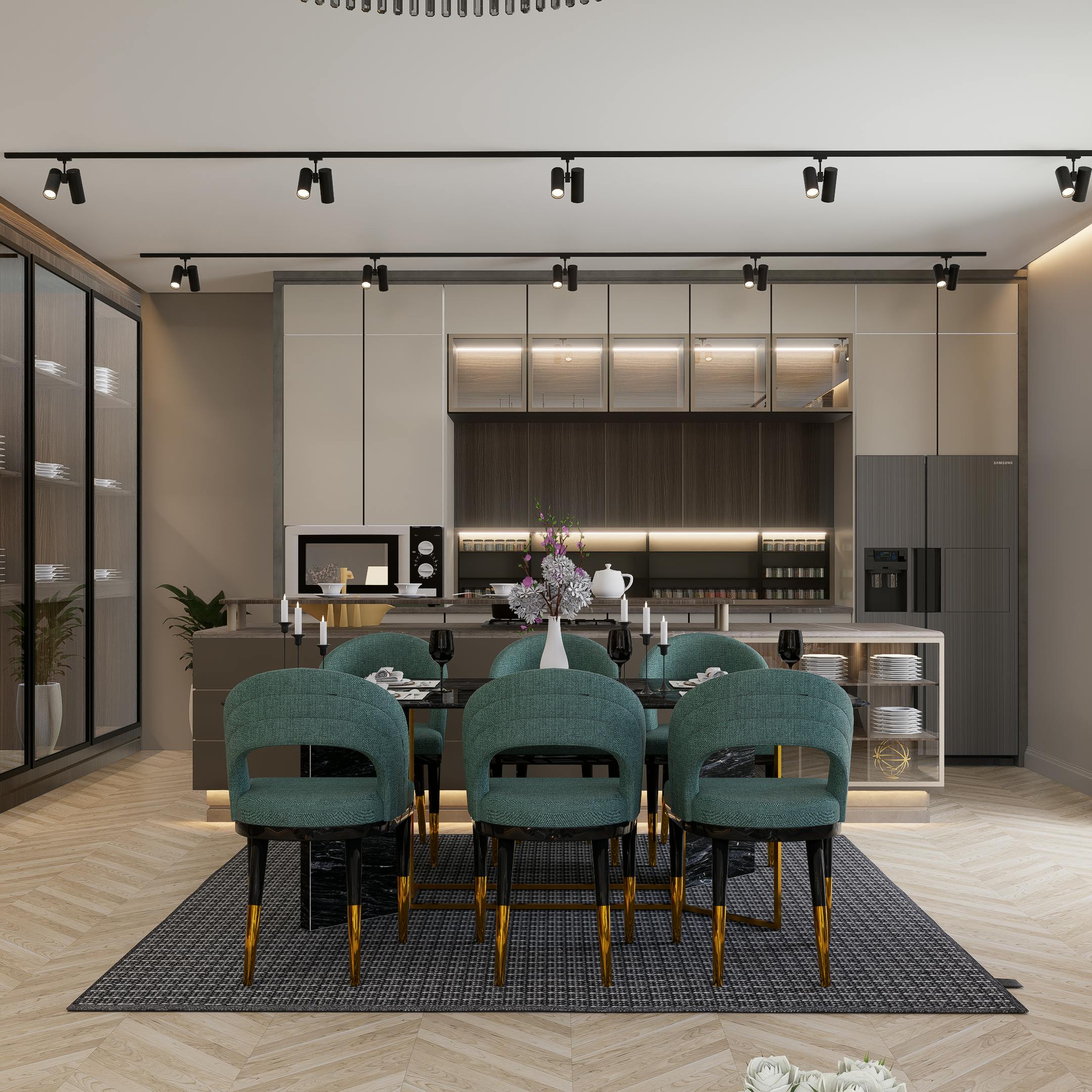 Sleek and modern kitchen with dining area featuring teal chairs and minimalistic design.