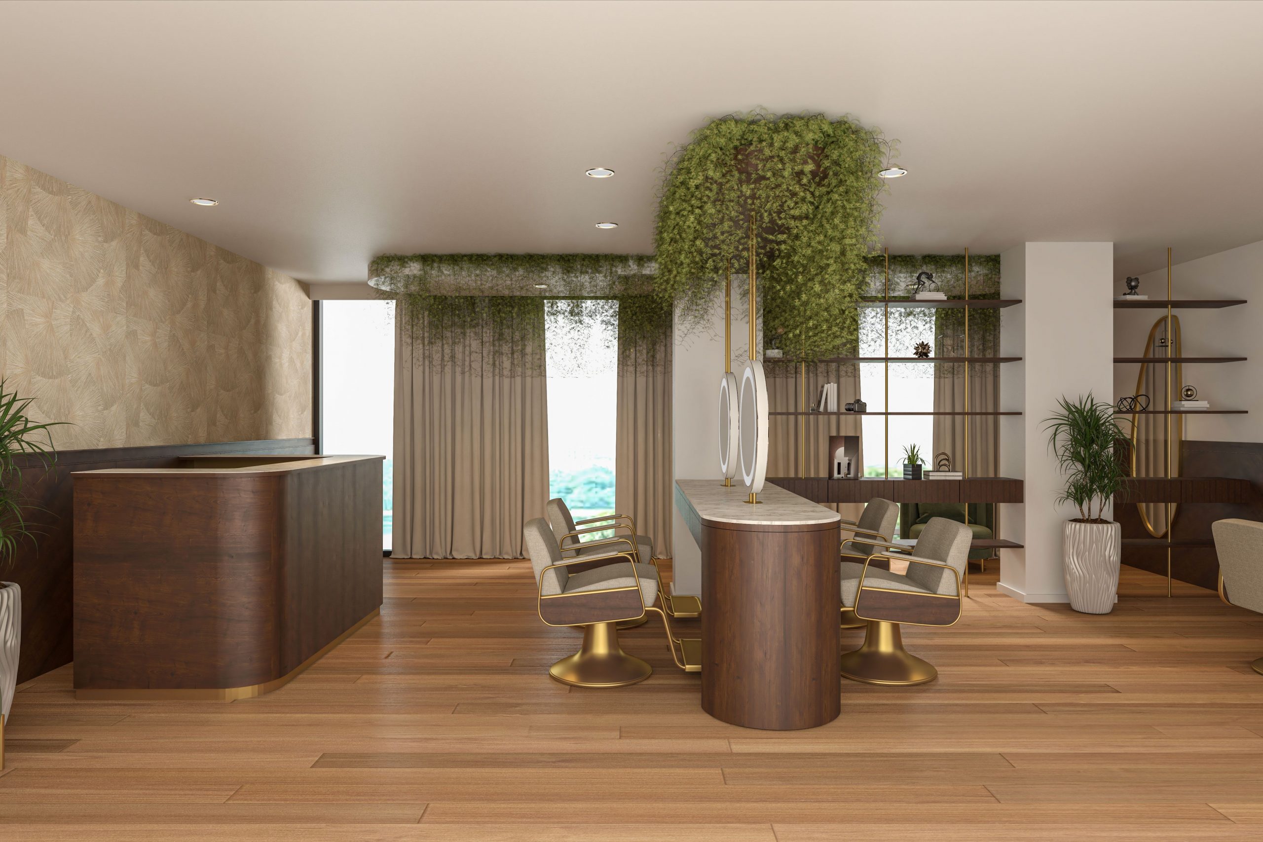 Stylish and contemporary salon interior with elegant furnishings and lush greenery in London, UK.
