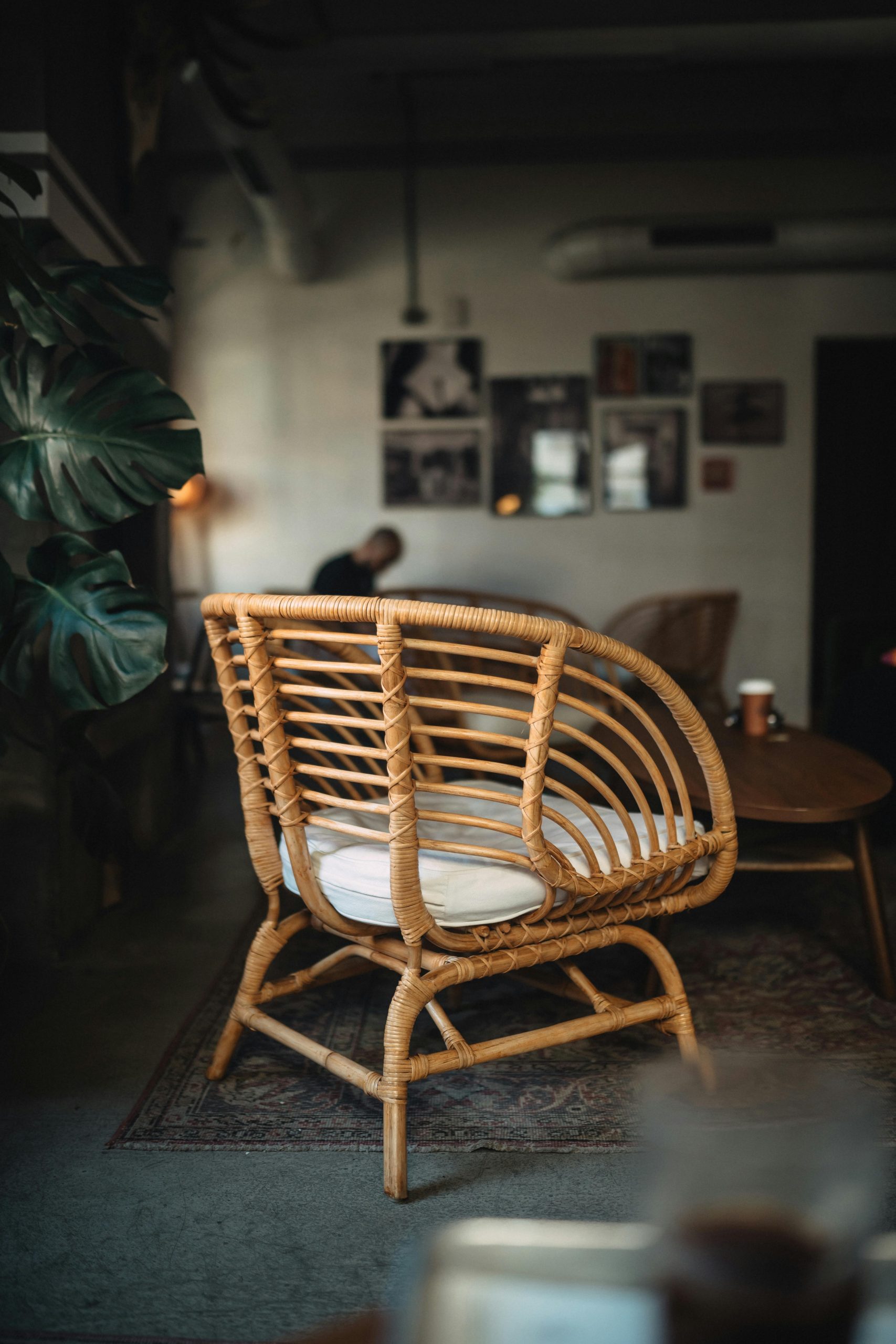 Stylish café interior featuring a modern rattan chair and cozy ambiance with houseplants and wall art.