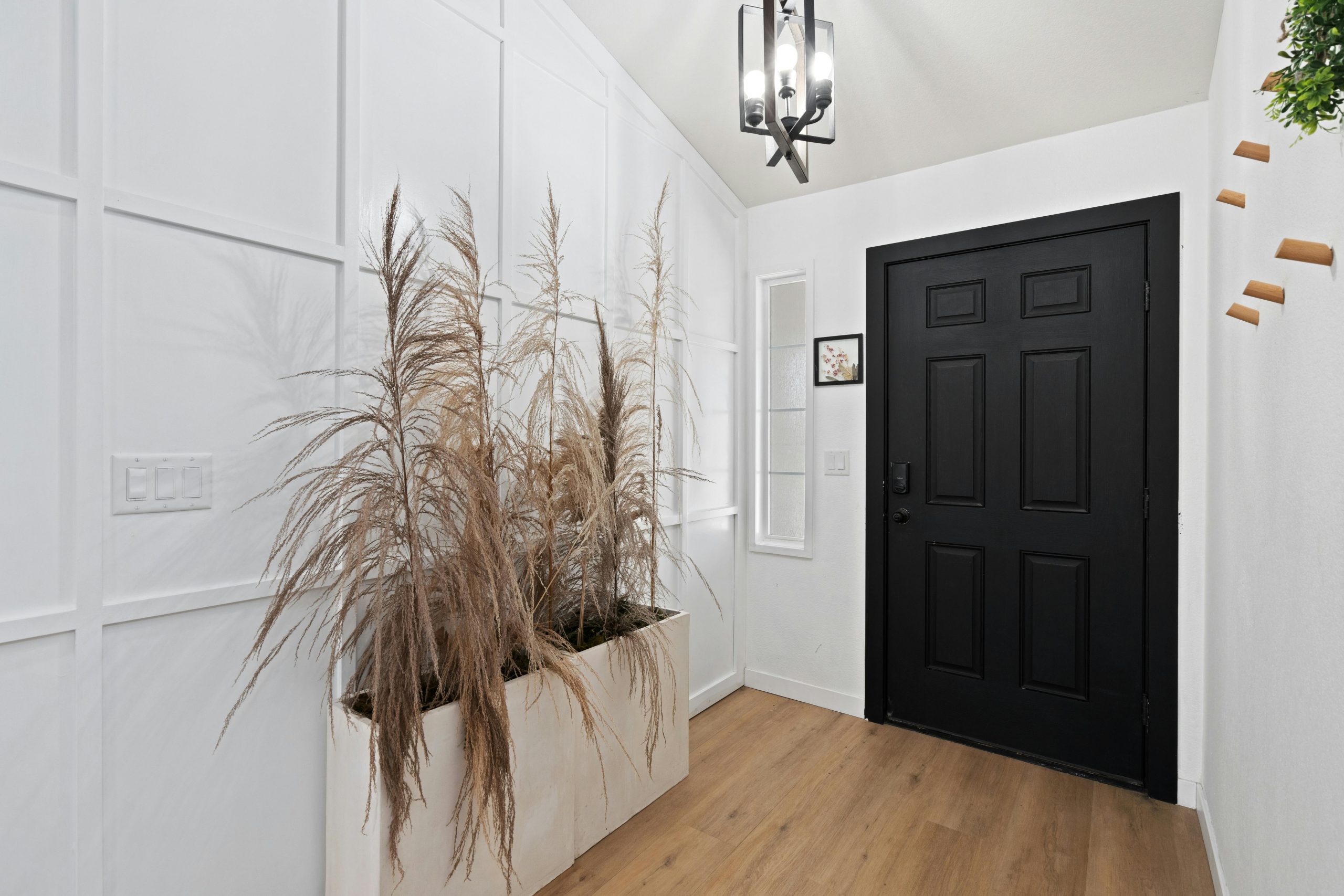 Stylish entrance with minimalist decor and modern design featuring a black door.