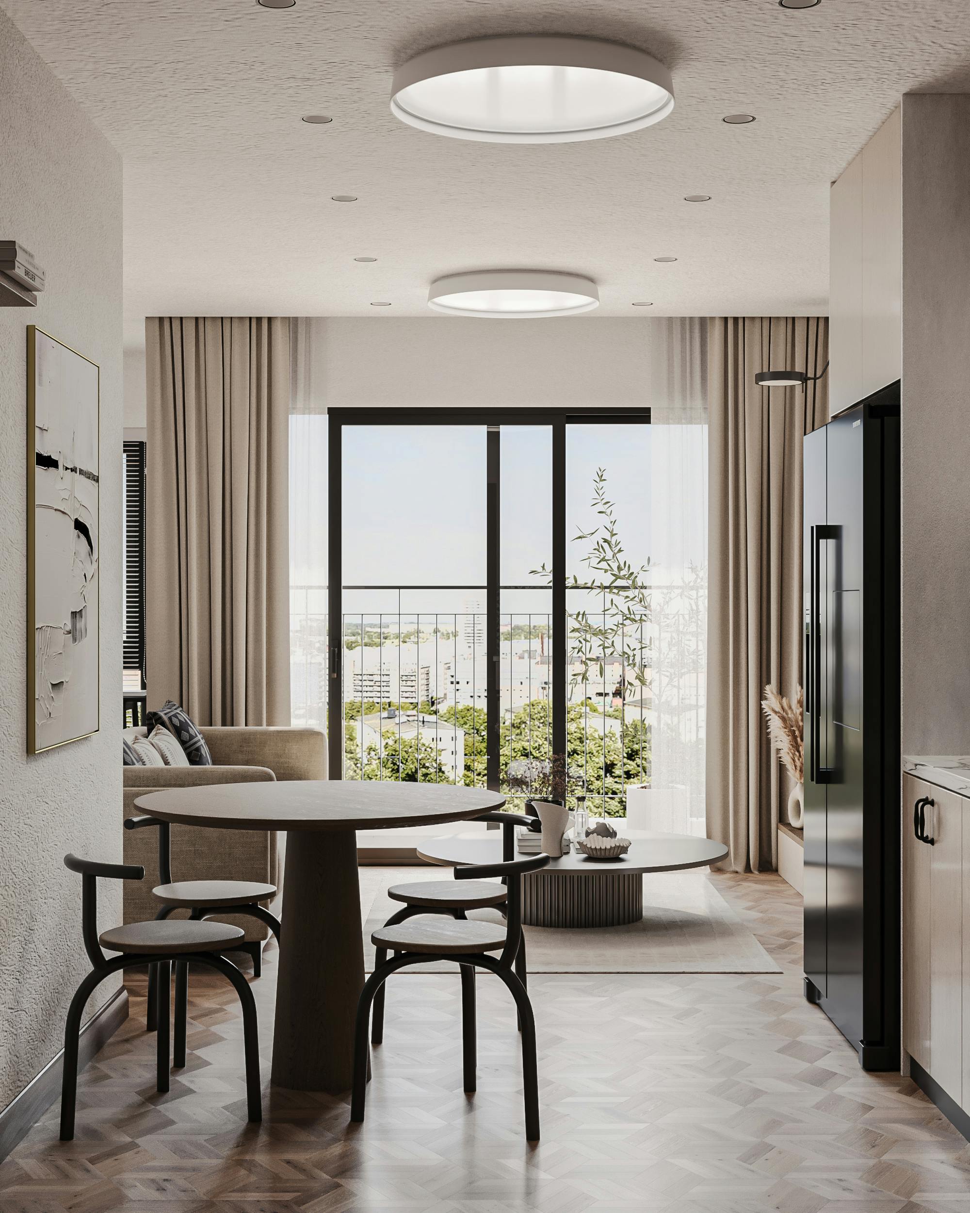 Stylish interior of a Tehran apartment with modern furniture and large windows.