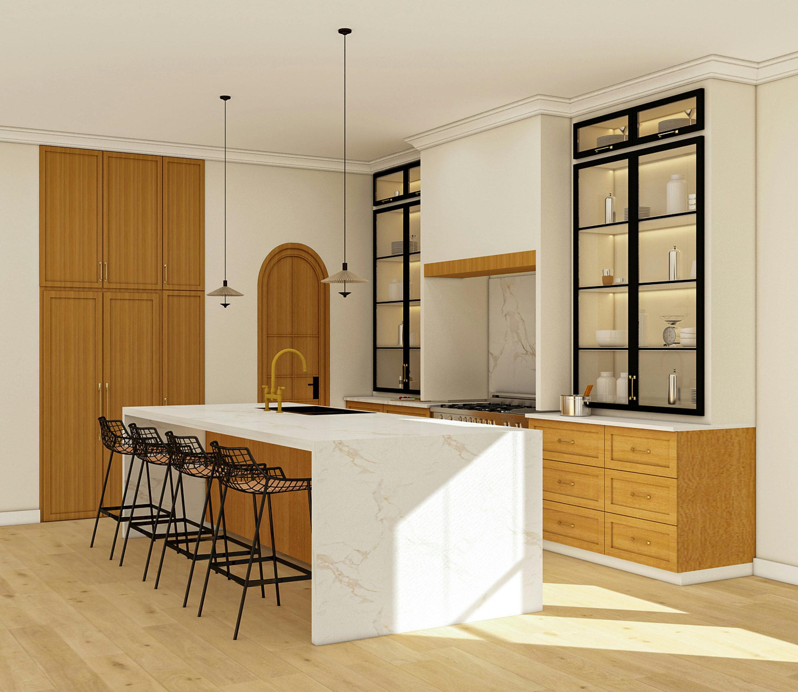Stylish kitchen with wooden cabinets, marble island, and open shelving in a modern home.