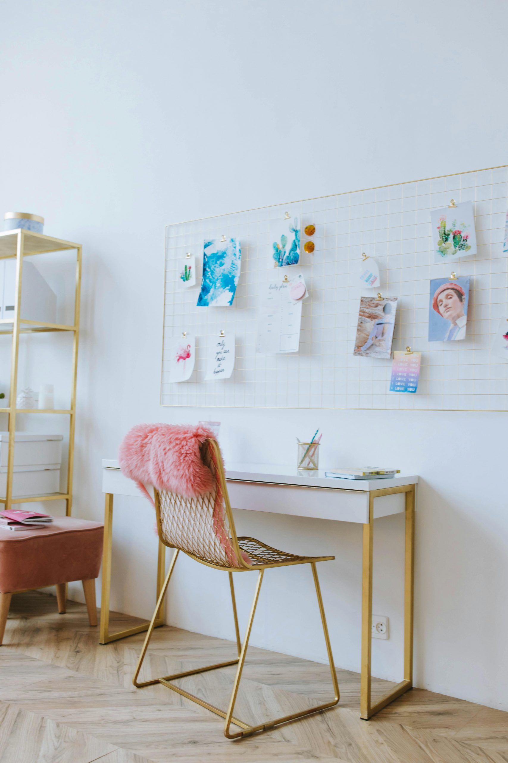 Stylish workspace with chic furniture and minimalist decor, ideal for modern interior design.