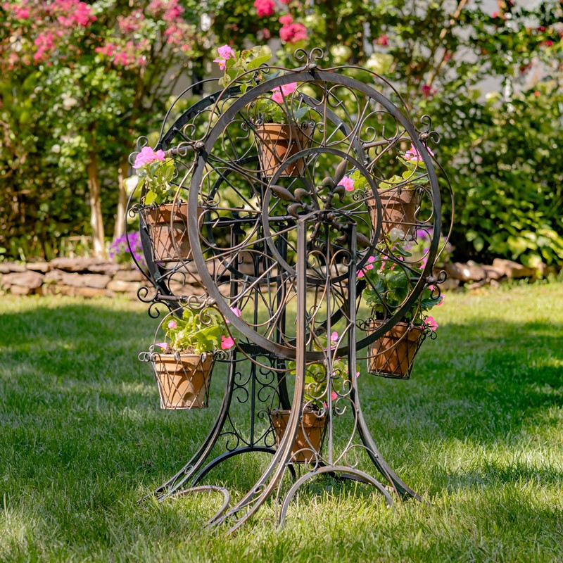 38' Tall Iron Ferris Wheel Plant Stand with 6 Flower Baskets in Antique Bronze 'Medellín1972'