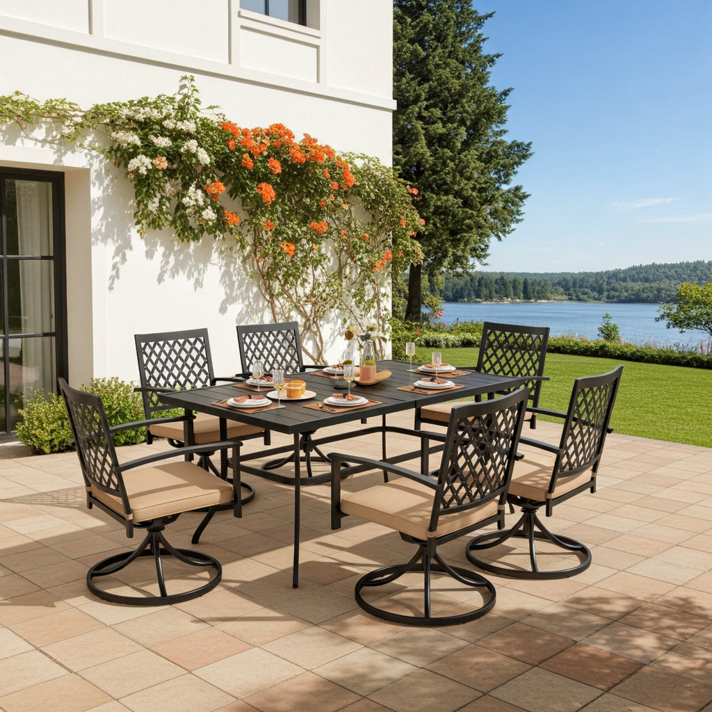 7-Piece Steel Panel Table and 6 Swivel Chairs Outdoor Patio Dining Set, Elegant