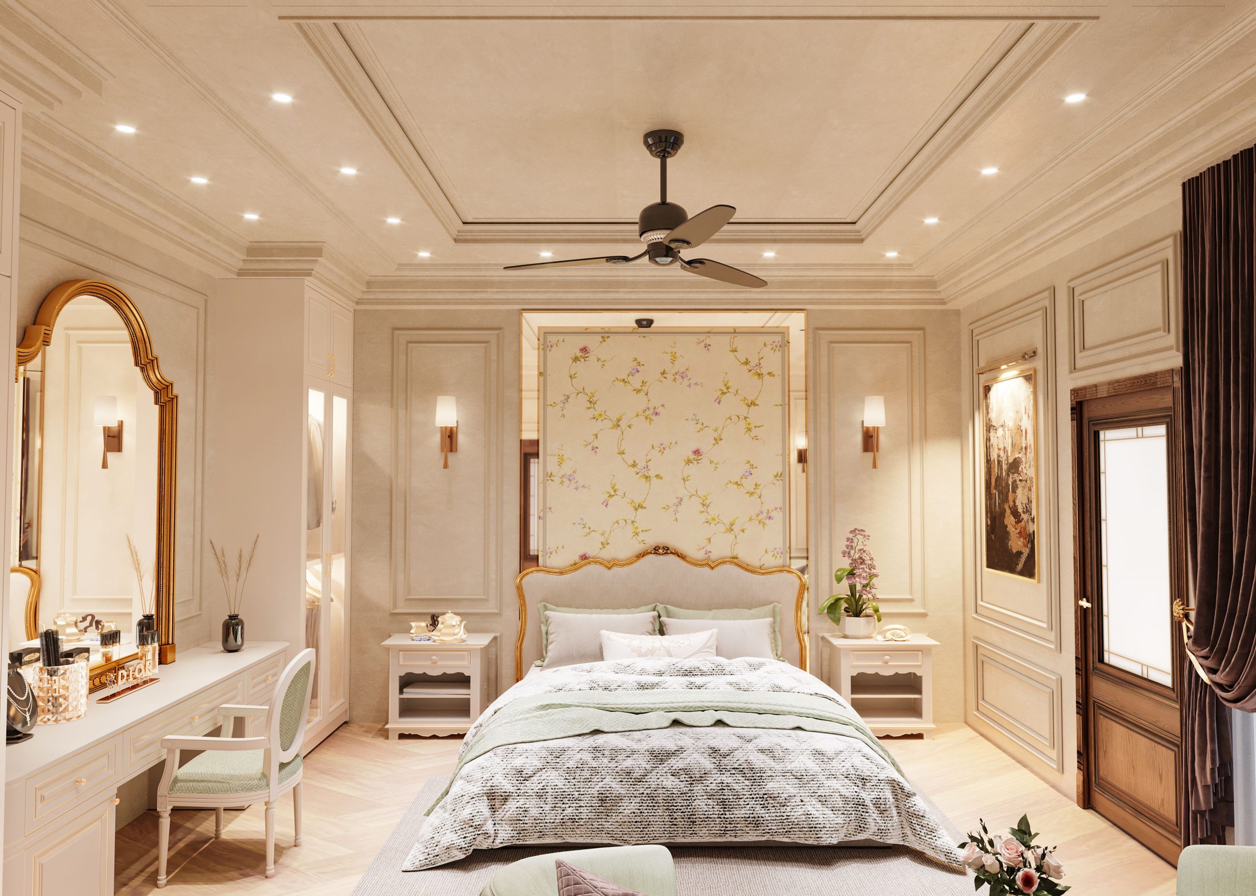 A beautifully designed luxurious bedroom with exquisite furniture and decor elements.