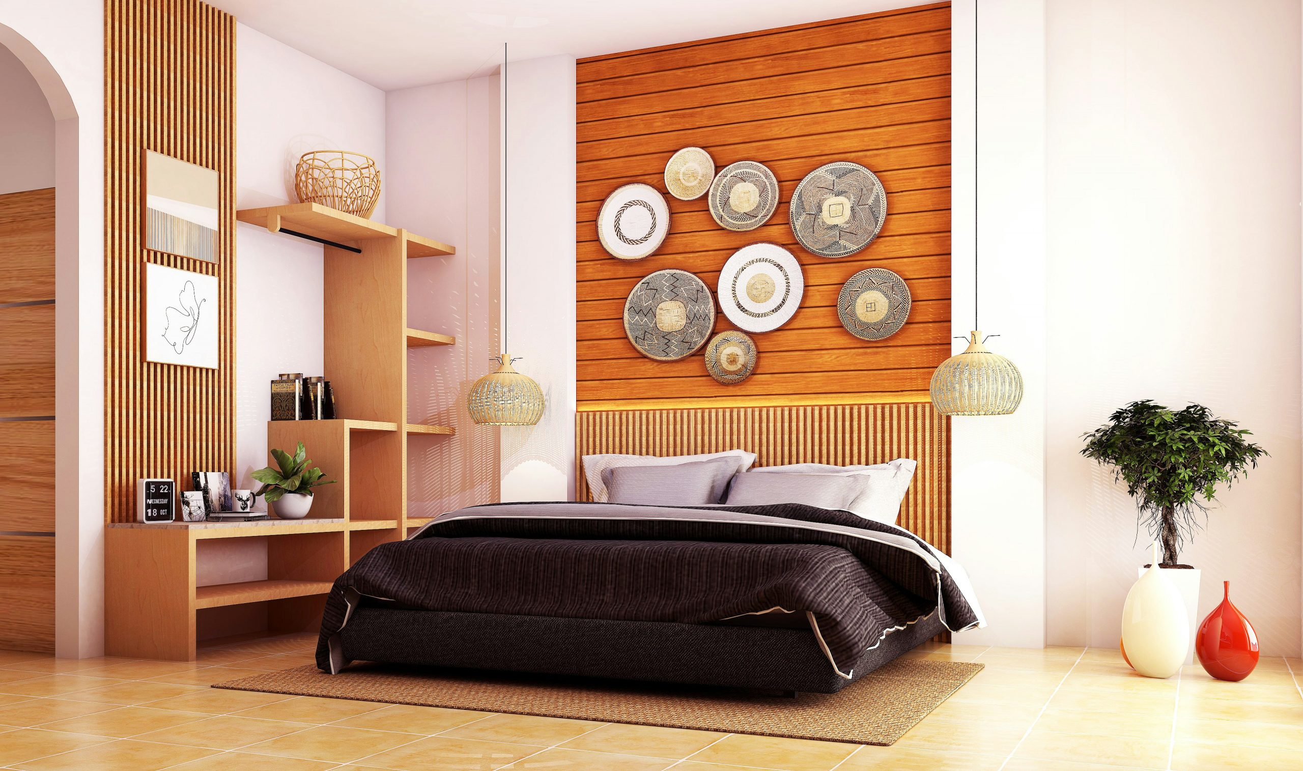 A bedroom with a bed, shelves and a plant