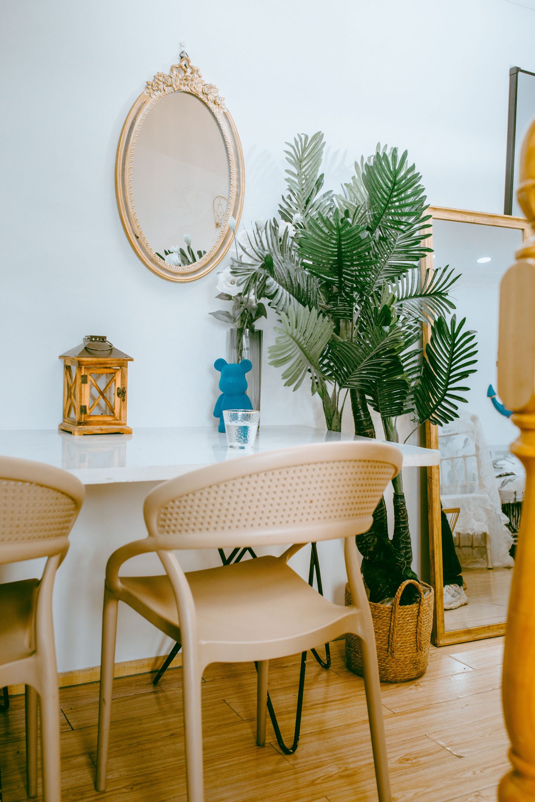 A chic minimalist interior featuring chairs, mirrors, and lush green potted plants, creating a serene atmosphere.