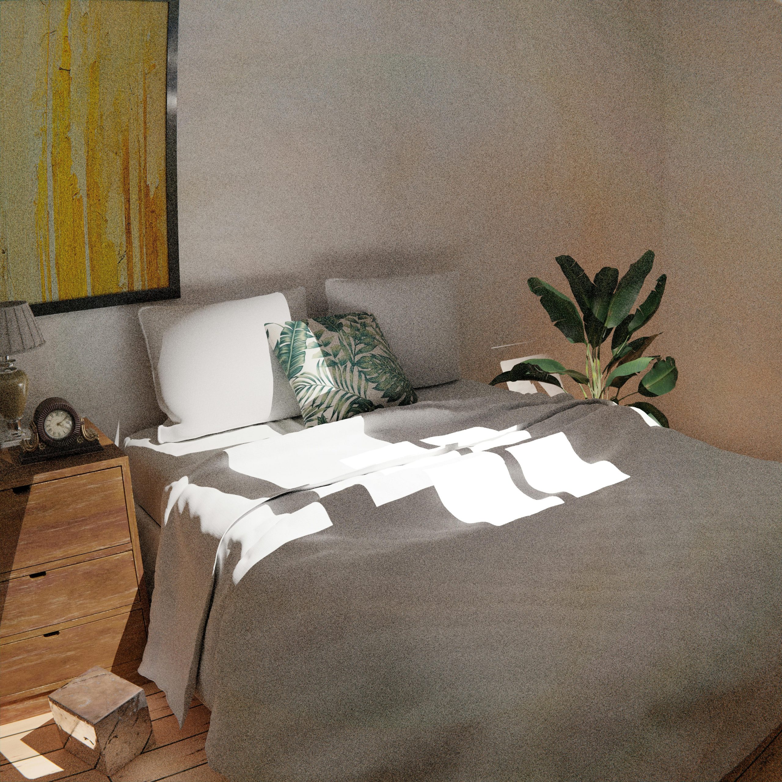 A cozy minimalist bedroom featuring natural light, green plants, and stylish decor.